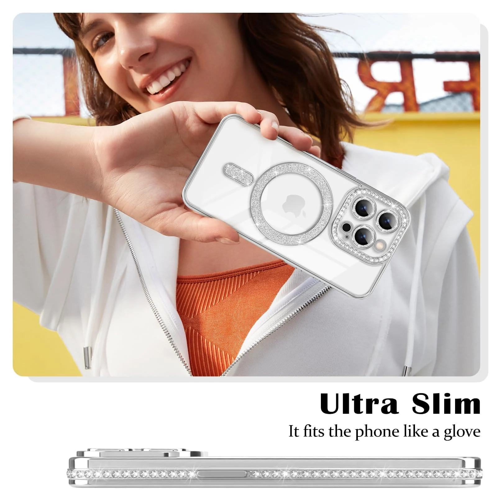 DL3 Mobilak MagSafe-Compatible Magnetic Case for iPhone 14 Pro Max with Camera Protection and Magnetic Car-Mount Support - Silver