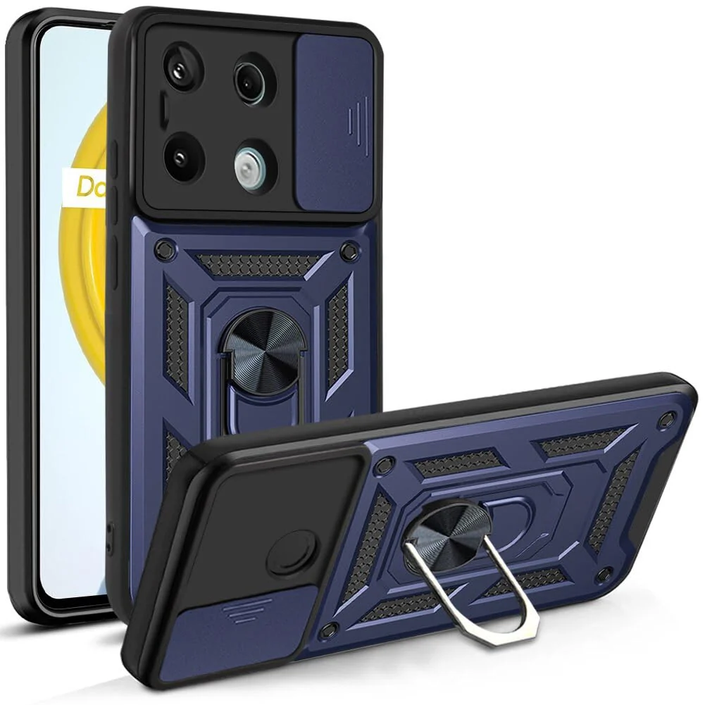 Dl3 Mobilak Case for Xiaomi Redmi Note 13 Pro 4G/Poco M6 Pro 4G with Slide Camera Cover, Military Grade Shockproof Protective Cover with Rotatable Metal Ring Kickstand [Support Magnetic (Rose Gold)