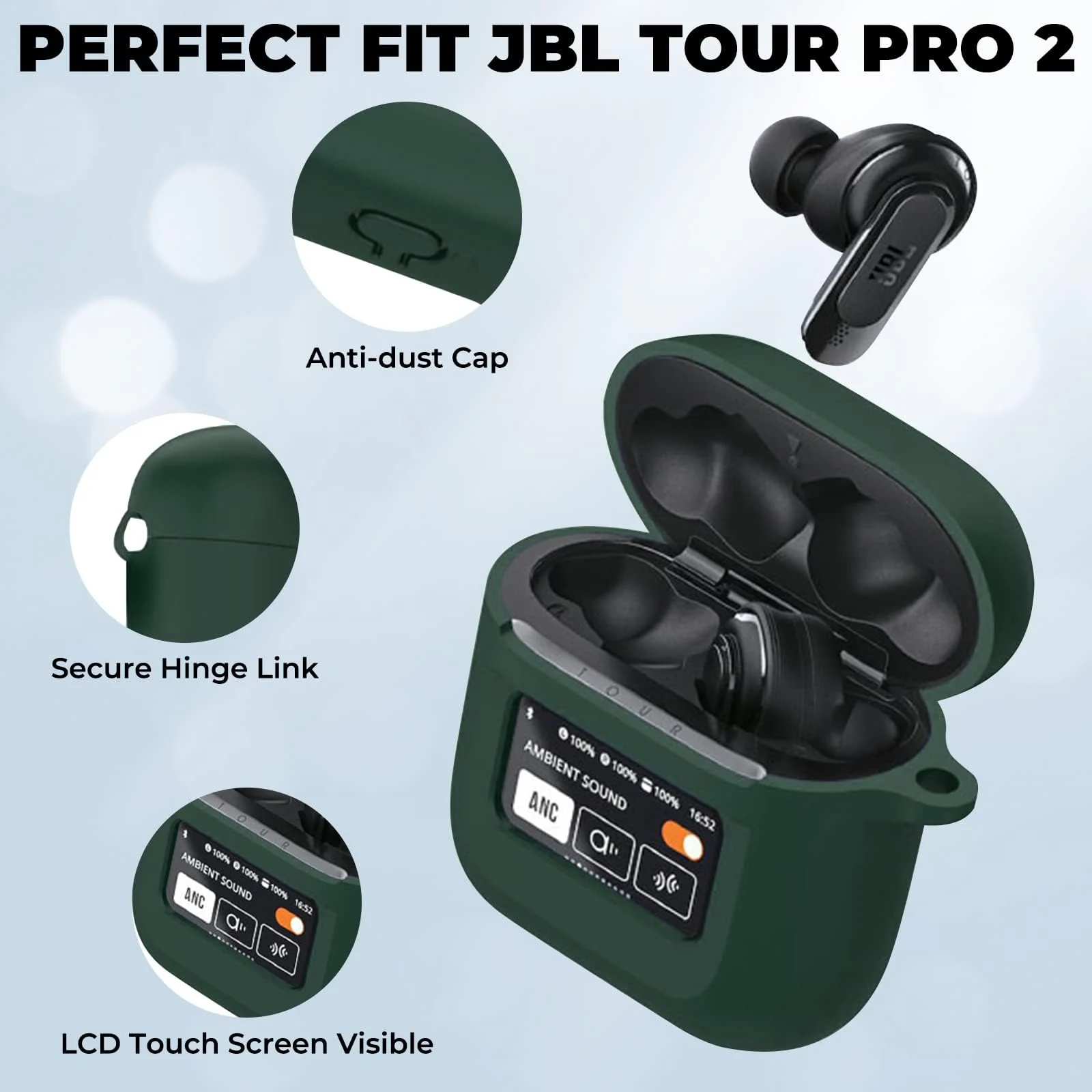 DL3 Mobilak Case for JBL Tour Pro 2 Earbuds Case Cover, [LCD Touch Screen Visible] [Anti-Lost Keychain] Soft Silicone Protective Skin Case for JBL Tour Pro 2 Charging Case with Carabiner - Green
