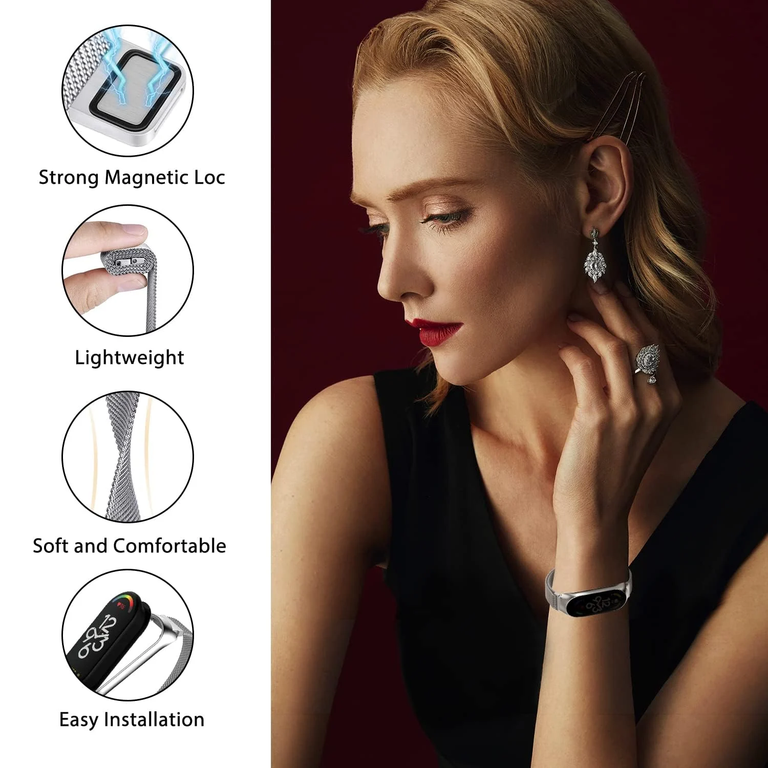 DL3 Mobilak Compatible with Xiaomi Mi Band 7 Strap for Women Men, Adjustable Stainless Steel Metal Replacement Strap Magnetic Metal Wristband, Straps Compatible with Mi Band 7 - Silver