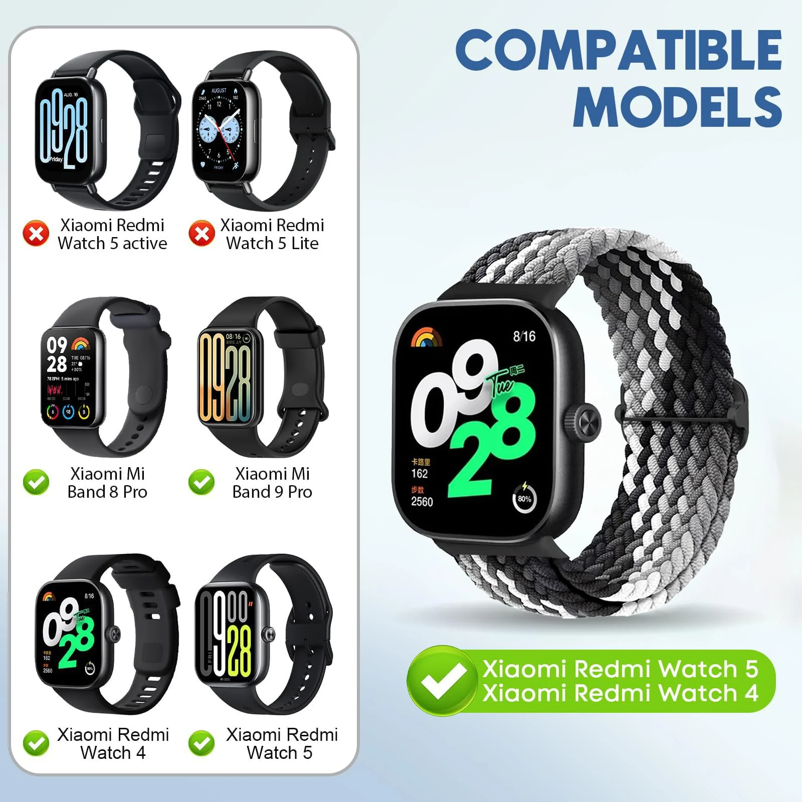 DL3 Mobilak Braided Band For Redmi 4/5 / 6 / Xiaomi Smart Band 8 Pro/Band 9 Pro for Women Men, Adjustable Braided Bands Straps Elastics Sport Wristband Nylon Strap - Colorful Black