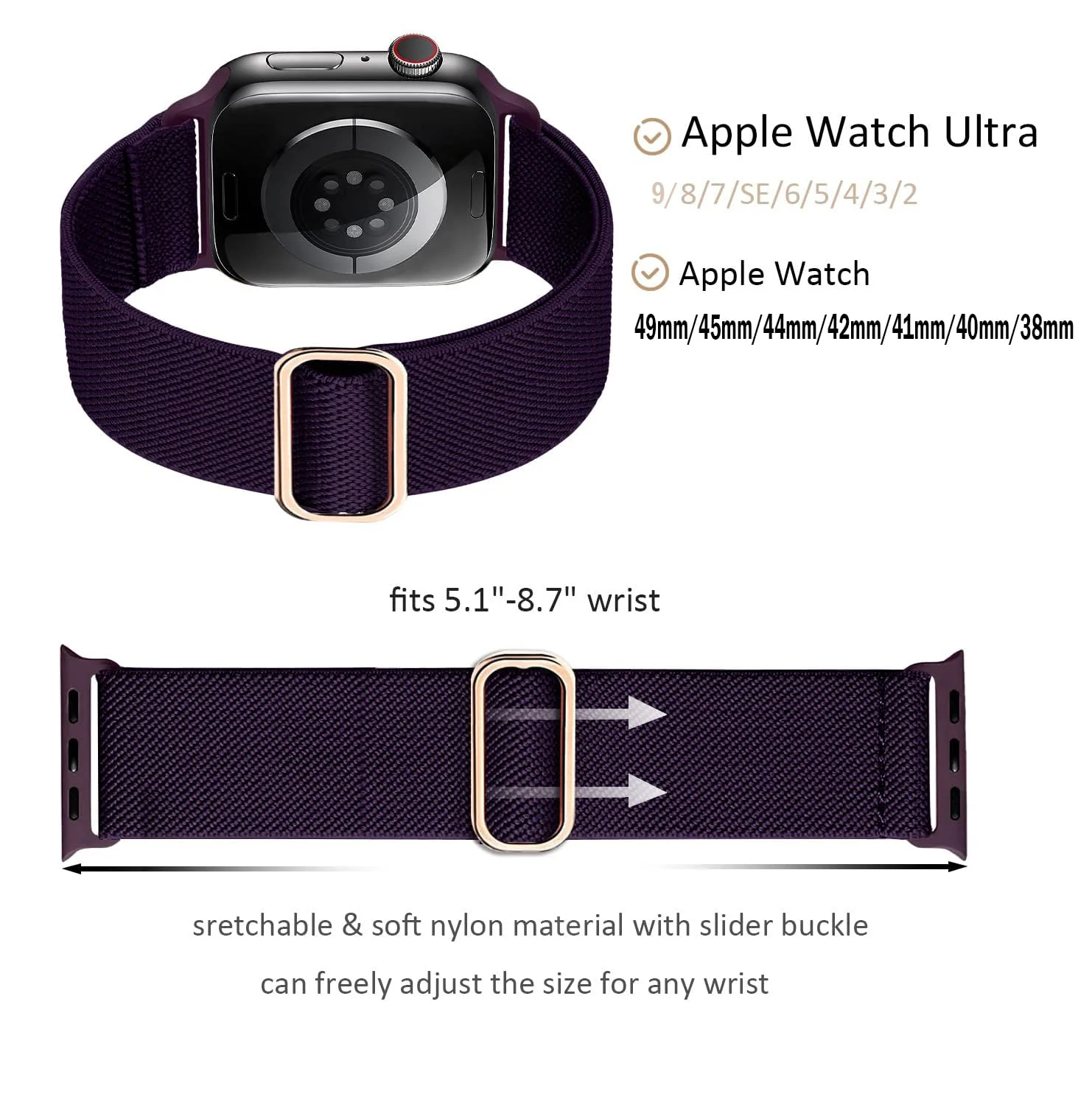 DL3 Mobilak Nylon Solo Loop Straps For Apple Watch Band 49mm 45mm 44mm 42mm 41mm 40mm 38mm, Elastic Wristbands for iwatch Ultra Series 9 8 7 6 5 4 3 2 1 Se (Deep, 42MM/44MM/45MM/49MM) - Deep Purple