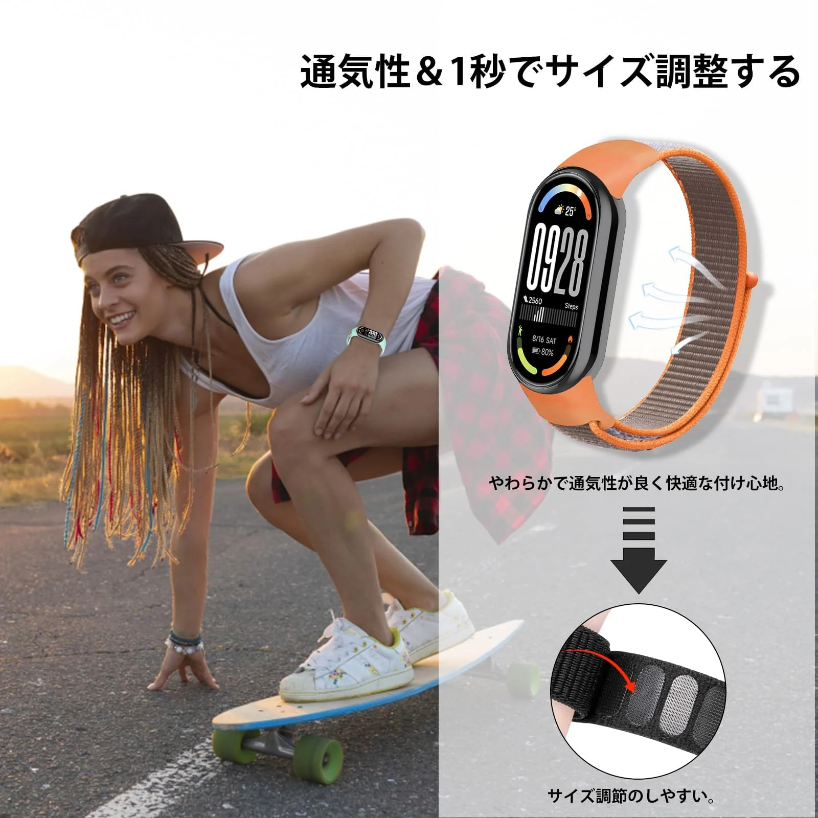 DL3 Mobilak Nylon Sport Band Compatible with Xiaomi Mi Band 10/9/8 for Women Men, Soft Adjustable Breathable Sport Loop Watch Strap Replacement Wristband for Xiaomi Smart Band 8/9/10 - Bright Orange