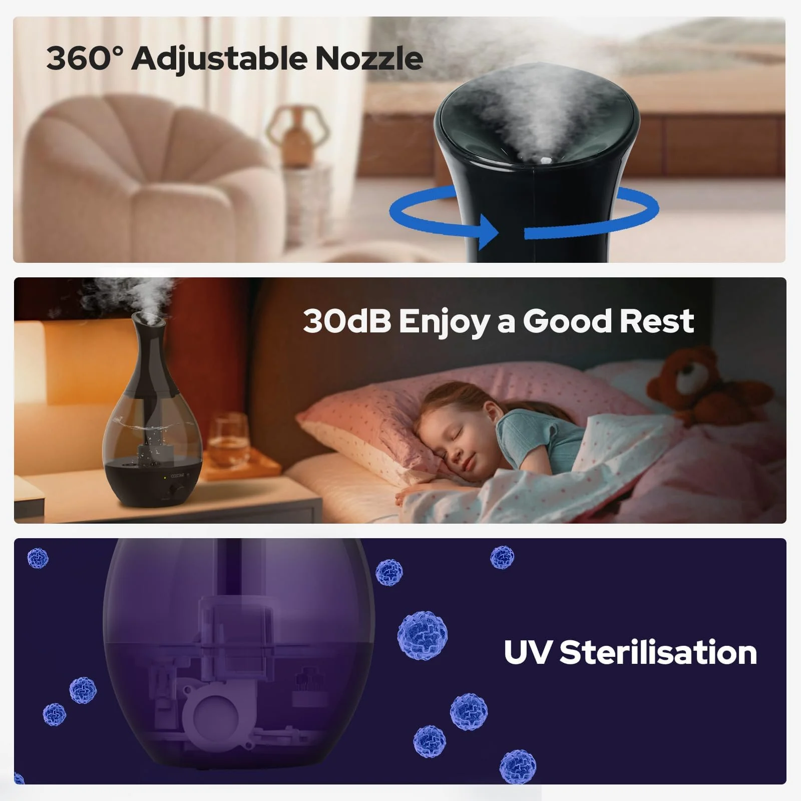 Mobigon 2.6 Litres Humidifier for Room, Cool Mist Ultrasonic Humidifier/Essential Oil Diffuser, Super Quiet 360°Nozzle, Colorful Change, Auto Shut Off&UV Light&, Lasts Up to 24 Hours - Black