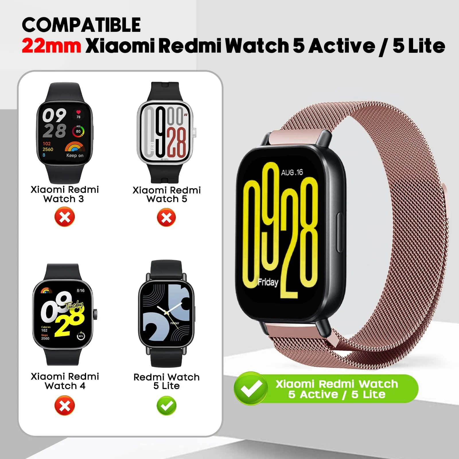 DL3 MOBILAK Milanese Magnetic Stainless-Steel Watch Strap for Xiaomi Redmi Watch 5 Lite and 5 Active - Pink