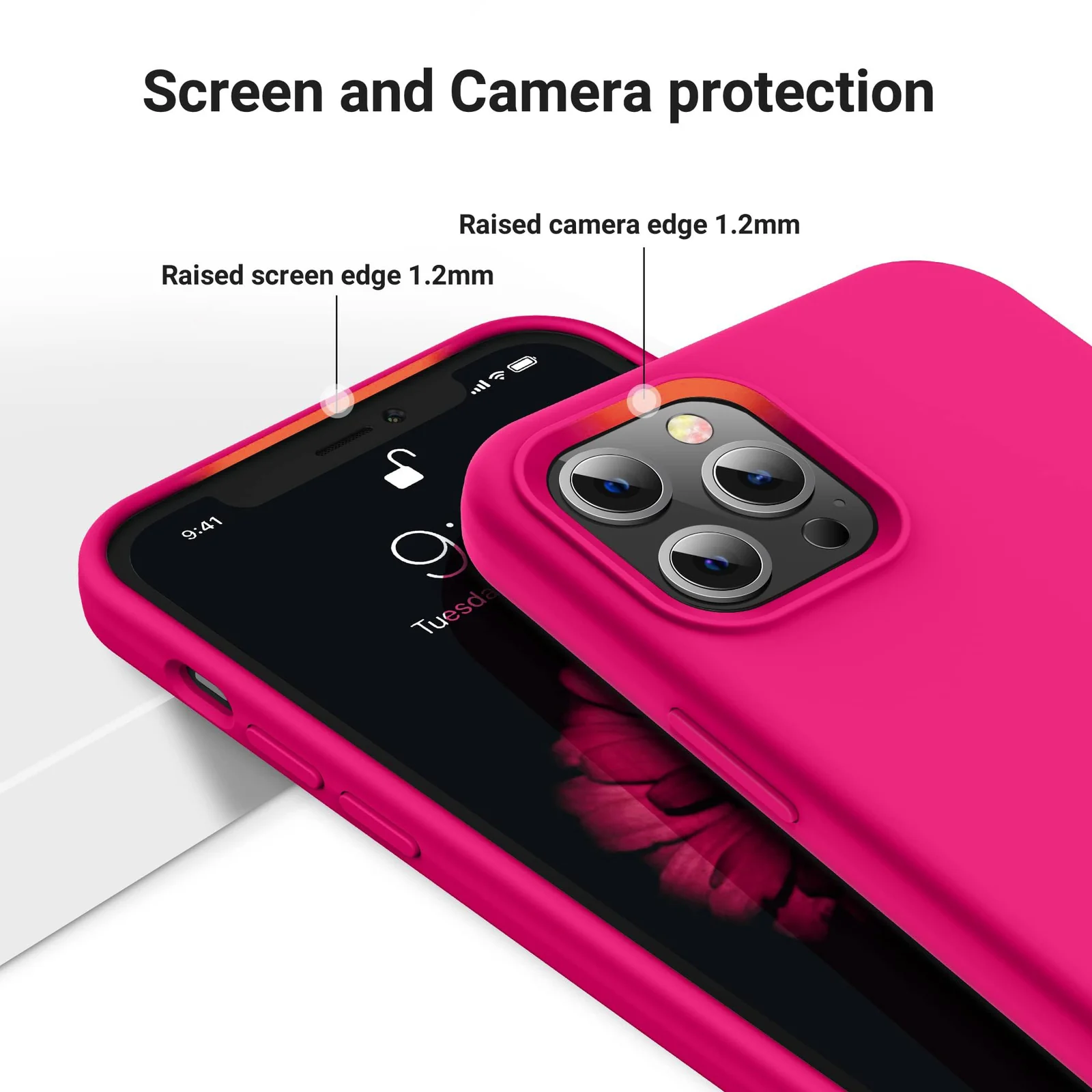 DL3 Mobilak Liquid Silicone Protective Case for iPhone 12 / 12 Pro (6.1 Inch) with Camera Protection and Microfiber Lining - Neon Pink