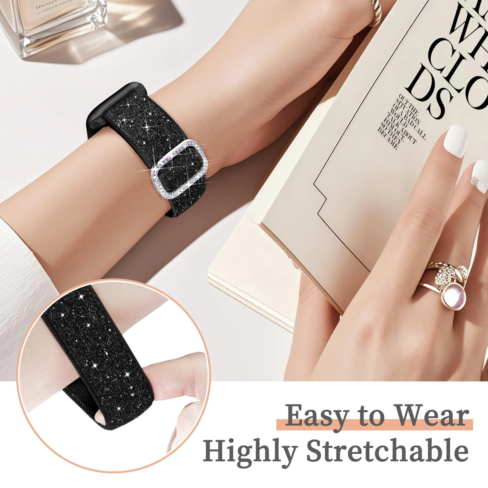 DL3 Mobilak Stretchy Bling Band For Apple Watch 49mm 46mm 45mm 44mm 42mm Women, Nylon Sparkly Strap Solo Loop Glitter Wristband for iWatch Series 11 10 9 8 7 6 5 4 SE3 SE2 SE Ultra 3 2 1 - Black
