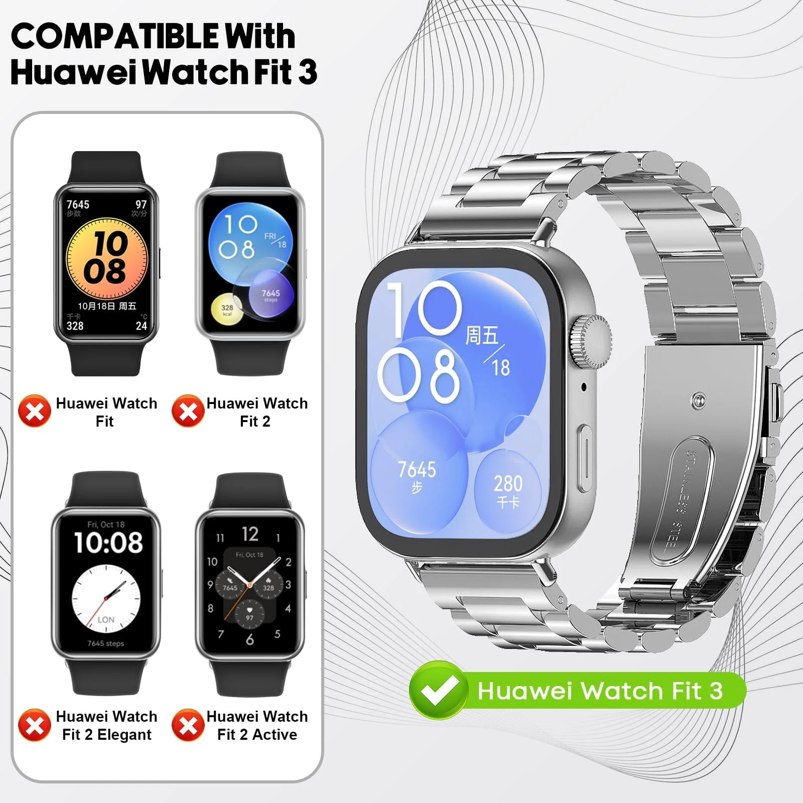DL3 Mobilak Metal Straps Compatible with Huawei Watch Fit 3/Fit 4/Fit 4 Pro Strap, Stainless Steel Replacement Band with Folding Clasp, Adjustable Replacement Bracelet Wristband - Silver