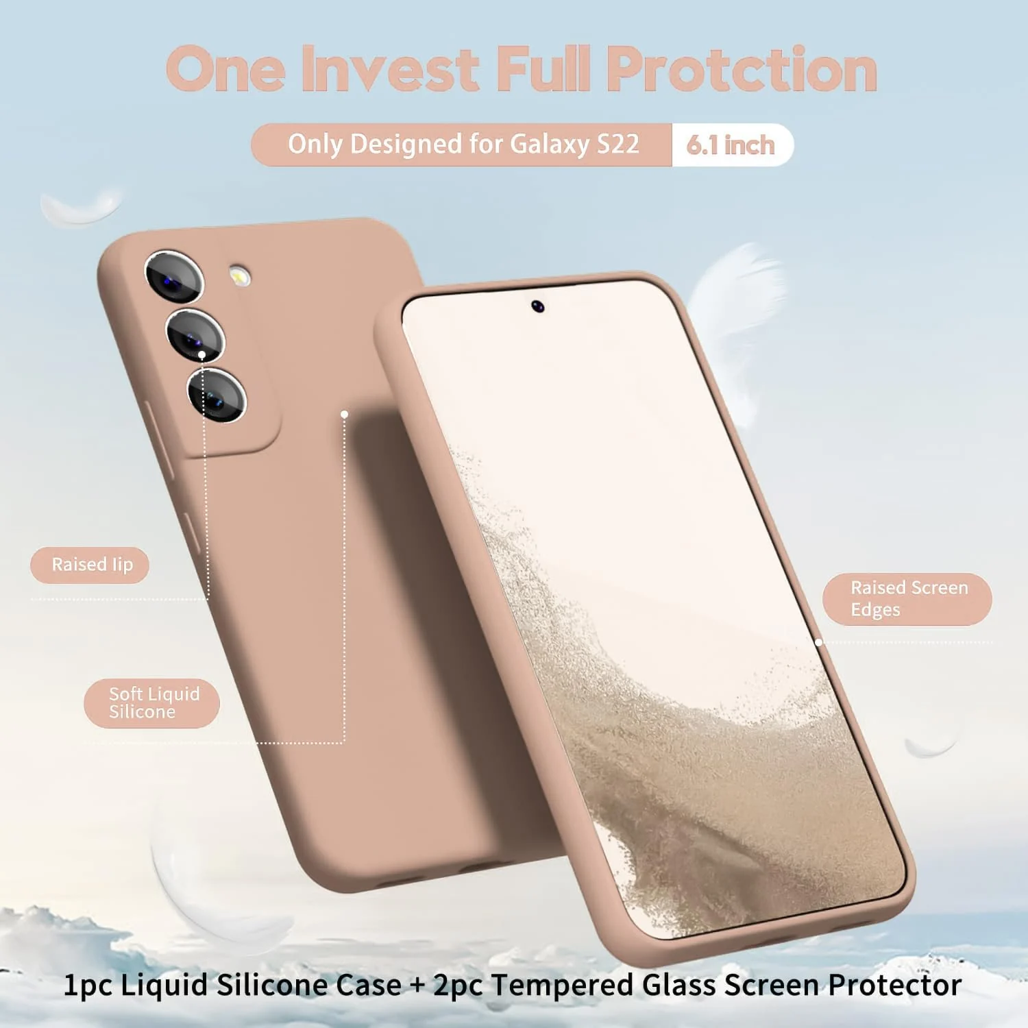 DL3 Mobilak Liquid Silicone Protective Case with Soft Microfiber Lining with Full Camera Protection for Samsung Galaxy S22 5G - Light Orange