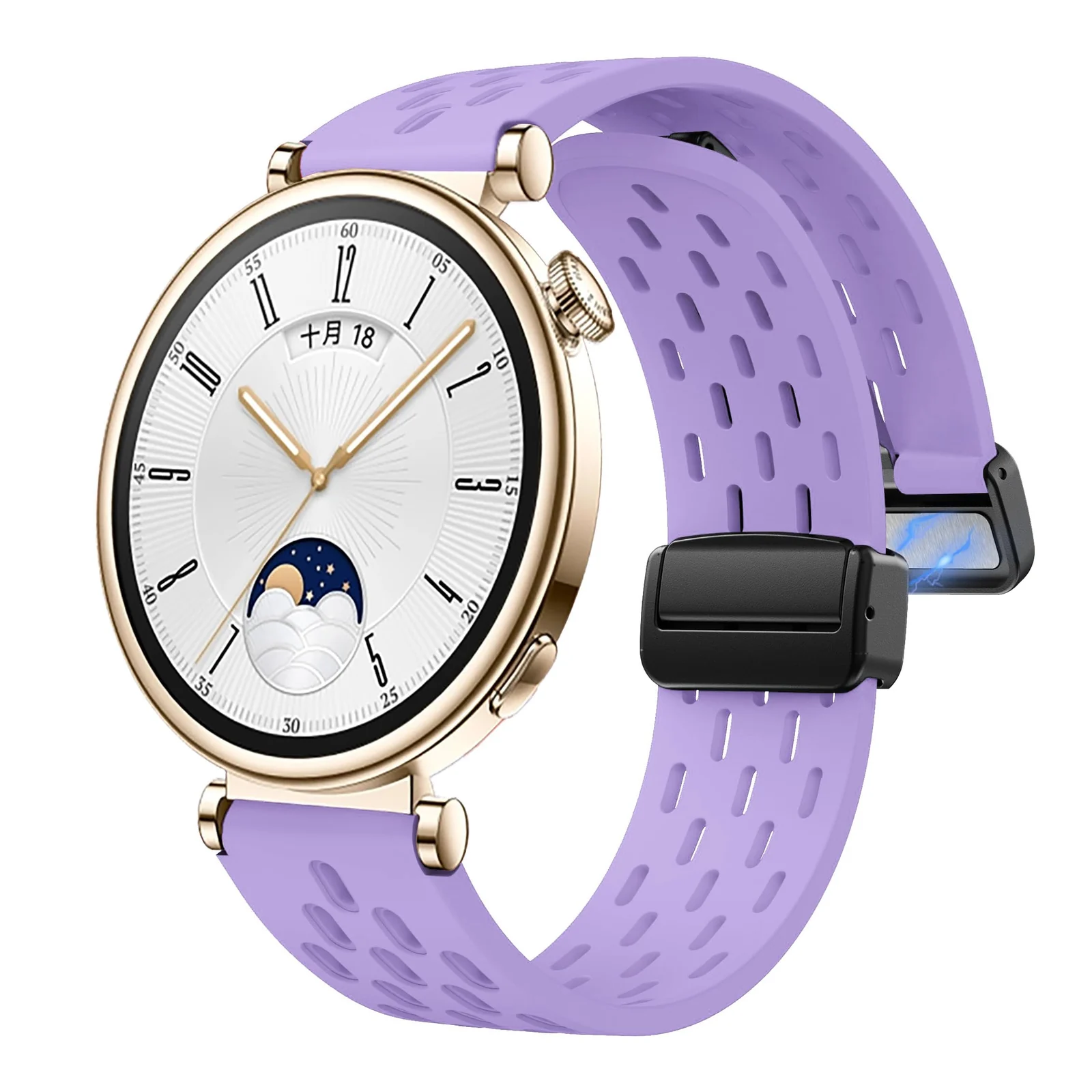 DL3 Mobilak 18mm Silicone Strap For Huawei Watch GT 6 41mm/GT 5 Pro 42 mm/GT 5 41mm/GT4 41 mm/Watch 5 42mm Magnetic Metal Buckle Sport Silicone Breathable Strap, Band Soft Replacment Wristband - Purple