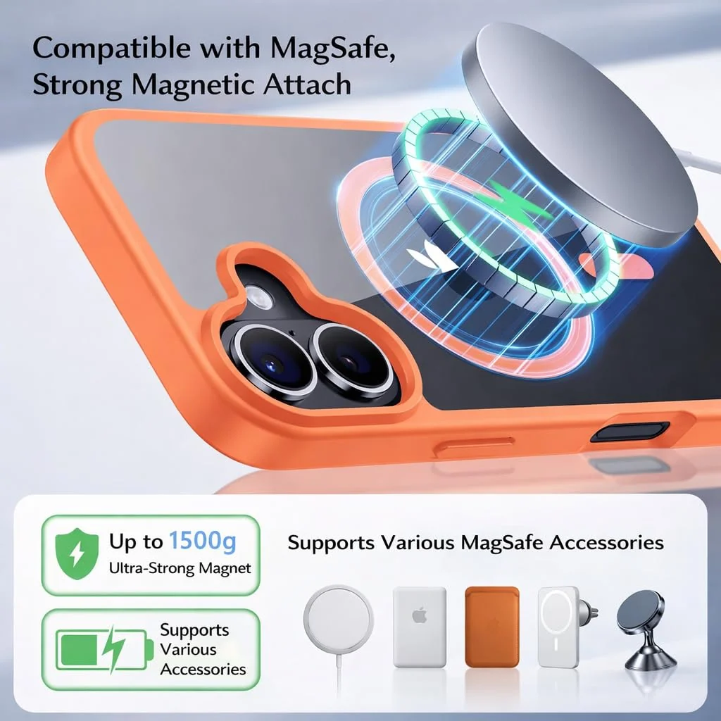 DL3 Mobilak Clear MagSafe-Compatible Magnetic Case for iPhone 17 with Military-Grade Protection - Orange