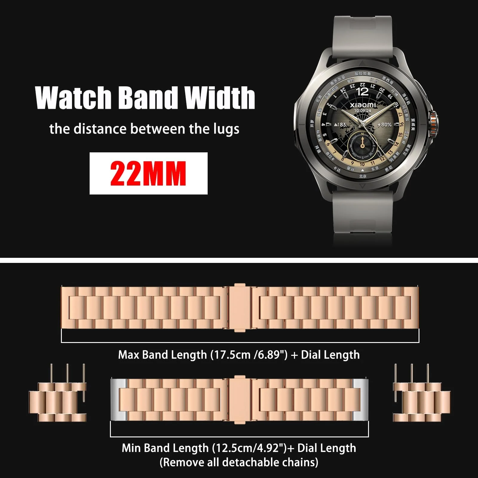 DL3 Mobilak Metal Bracelet Compatible with Xiaomi Redmi Watch 5 Active/Redmi Watch 5 Lite, 22mm Stainless Steel Replacement Band with Folding Clasp, Adjustable Replacement Bracelet Wristband - Rose Gold