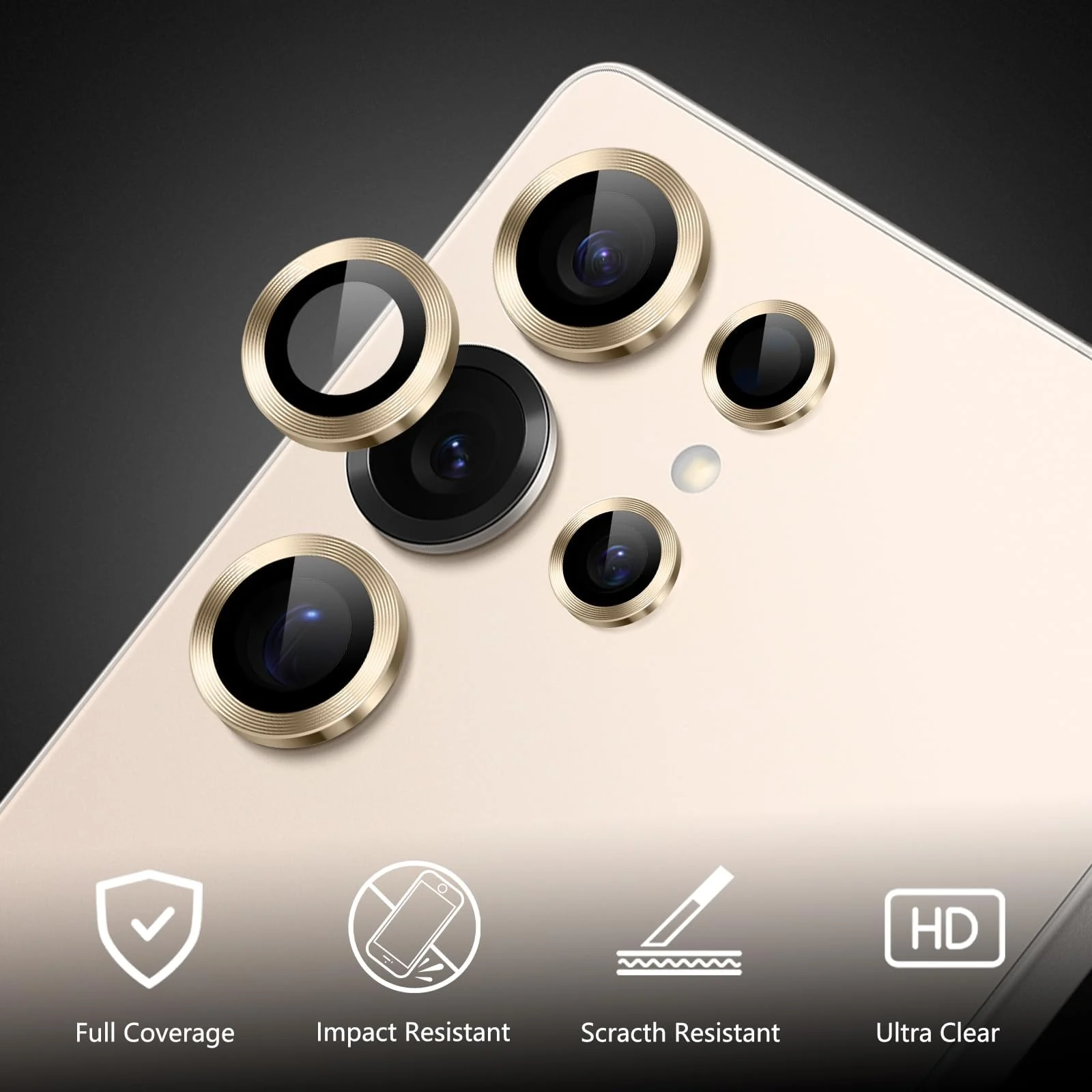 DL3 Mobilak for Samsung Galaxy S25 Ultra Camera Lens Protector, Individual Lens Protectors, Scratch-Resistant Ultra-Thin Tempered Glass with Aluminum Ring Cover, Galaxy S25 Ultra Case Friendly - Gold