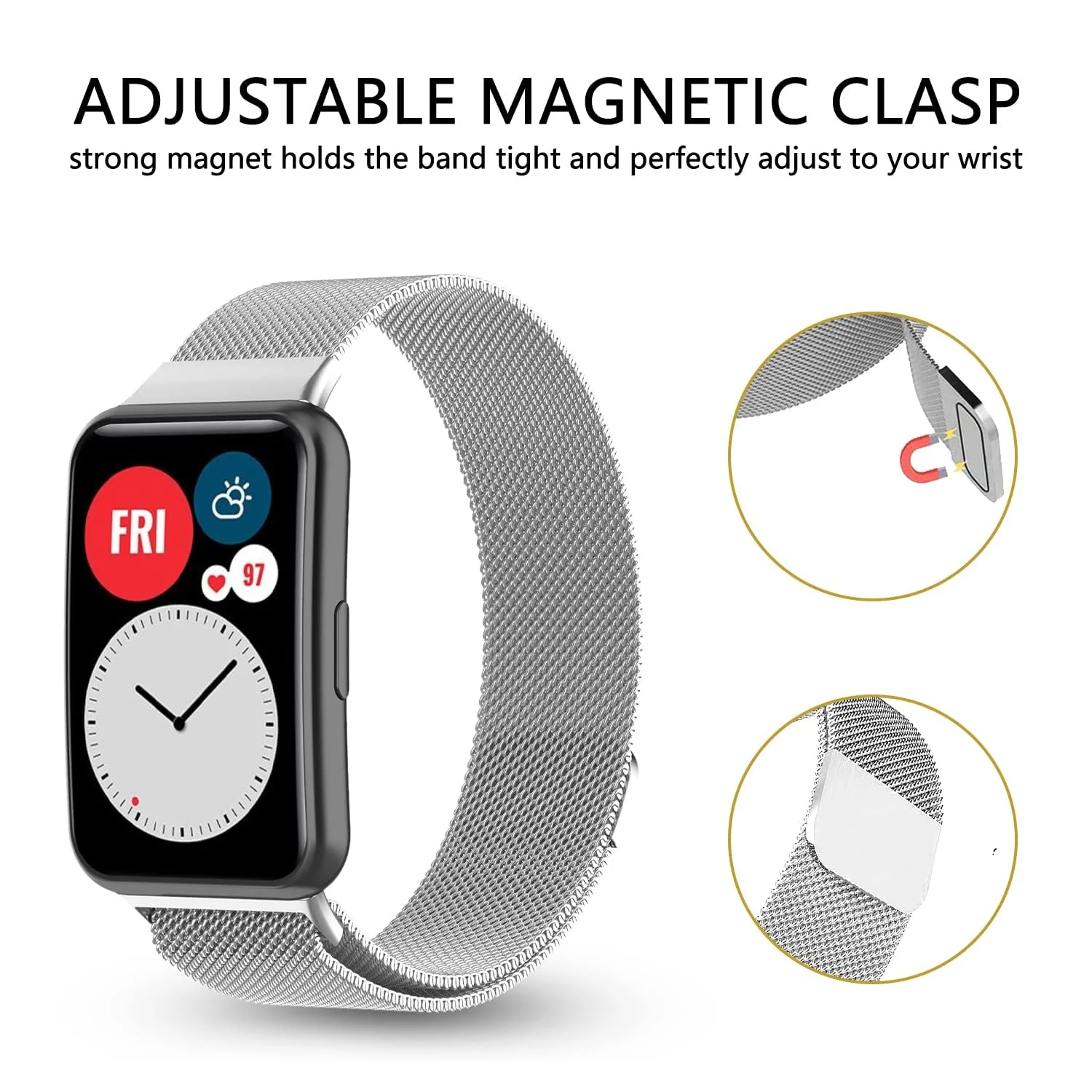 DL3 MOBILAK Milanese Magnetic Stainless-Steel Watch Strap for Huawei Watch Fit - Silver