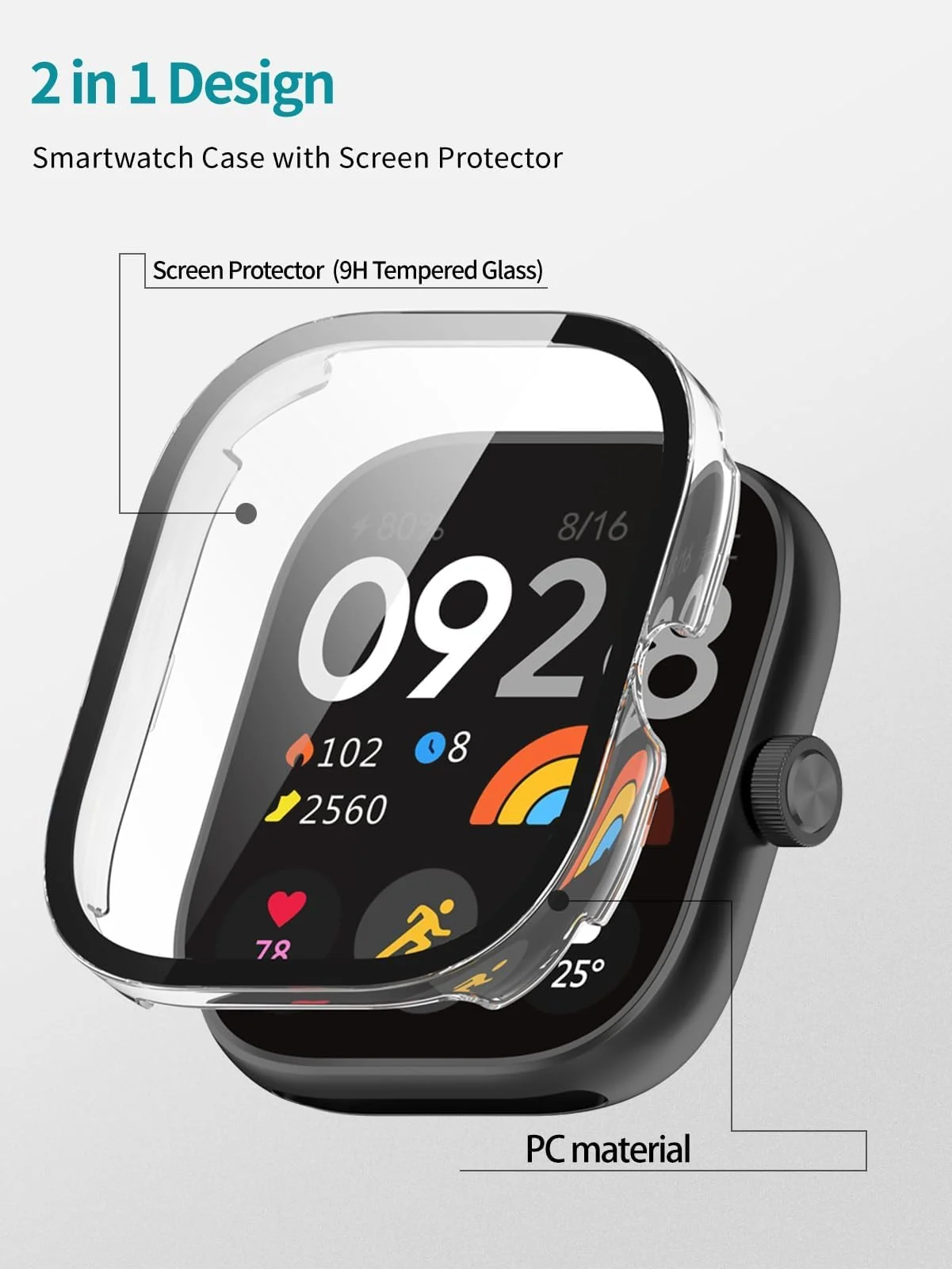 DL3 MOBILAK Full-Coverage Watch Case with Tempered Glass for Xiaomi Redmi Watch 5, Silver