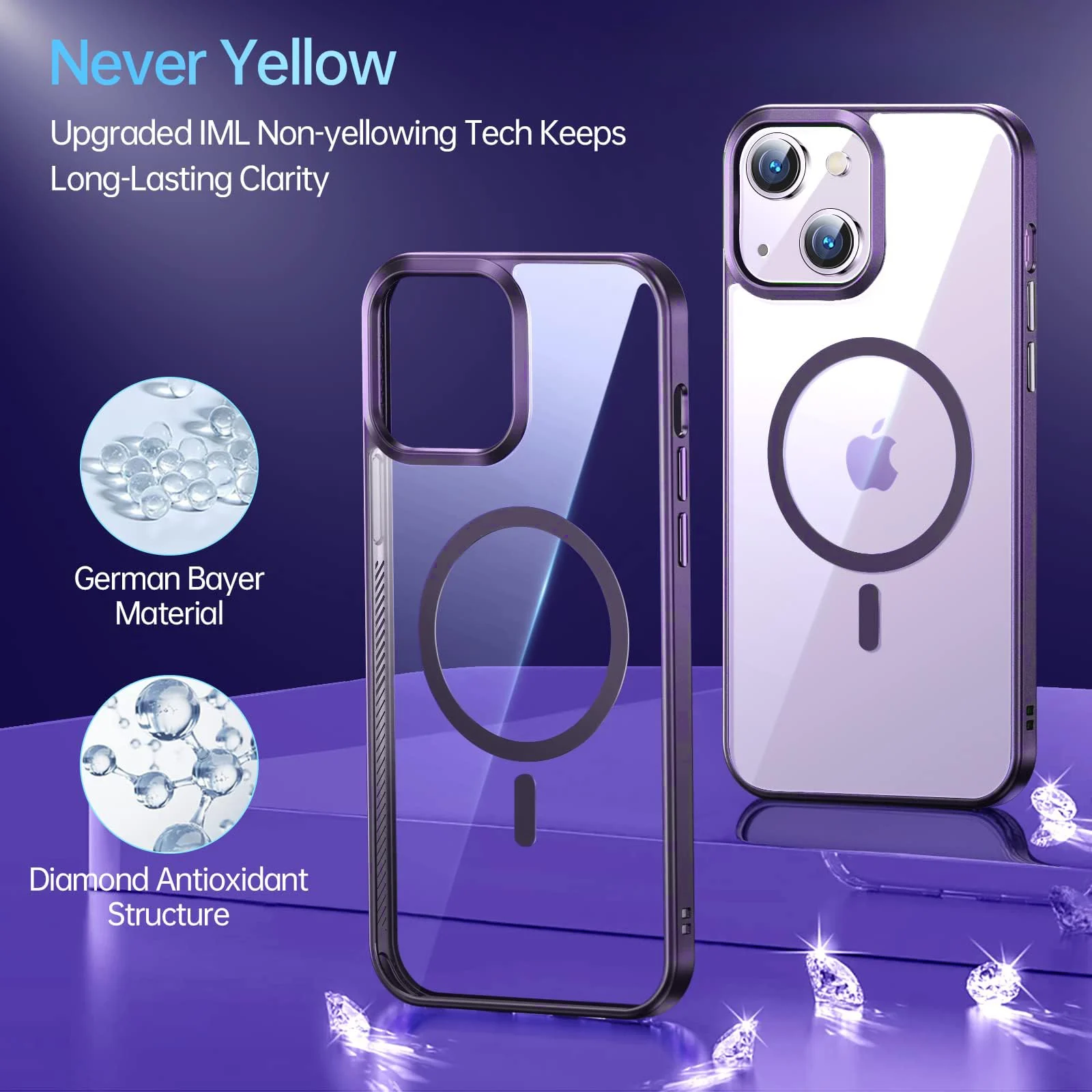 DL3 MOBILAK Case Magnetic Crystal Clear for iPhone 15 (6.1 Inch) Case, [Compatible with MagSafe] Slim Phone Case Thin Cover - Deep Purple