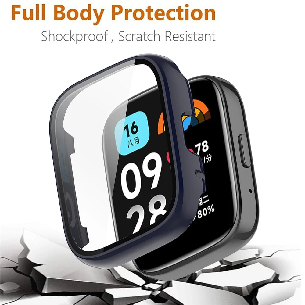 DL3 Mobilak Protective Case Compatible with Xiaomi Redmi Watch 3 Lite/Redmi Watch 3 Active 9H Hardness PC Case Bumper Full Slim Protective Cover with Tempered Glass - Blue