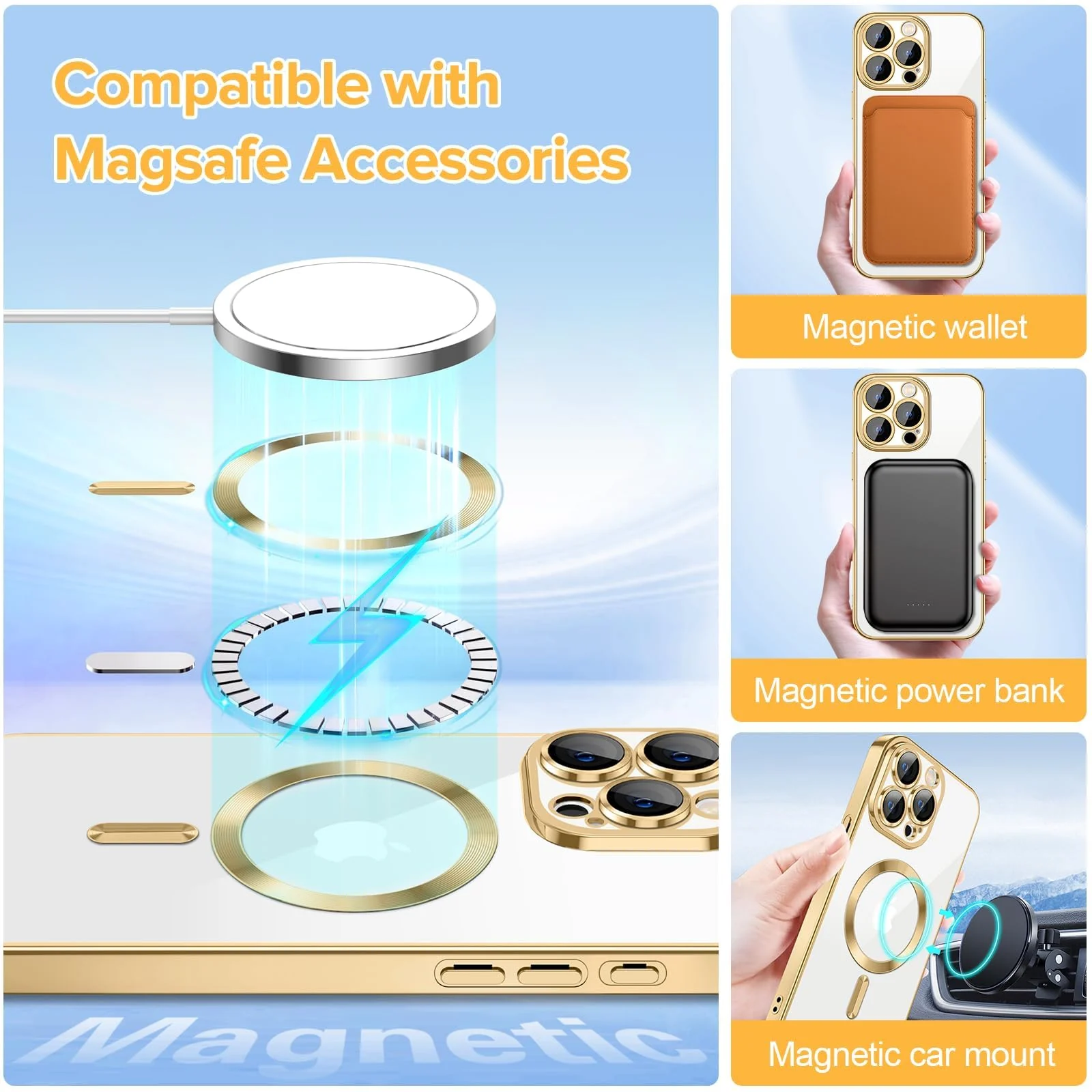 DL3 Mobilak Clear MagSafe-Compatible Magnetic Case for iPhone 15 Pro Max with Camera Protection and Shockproof Design - Gold