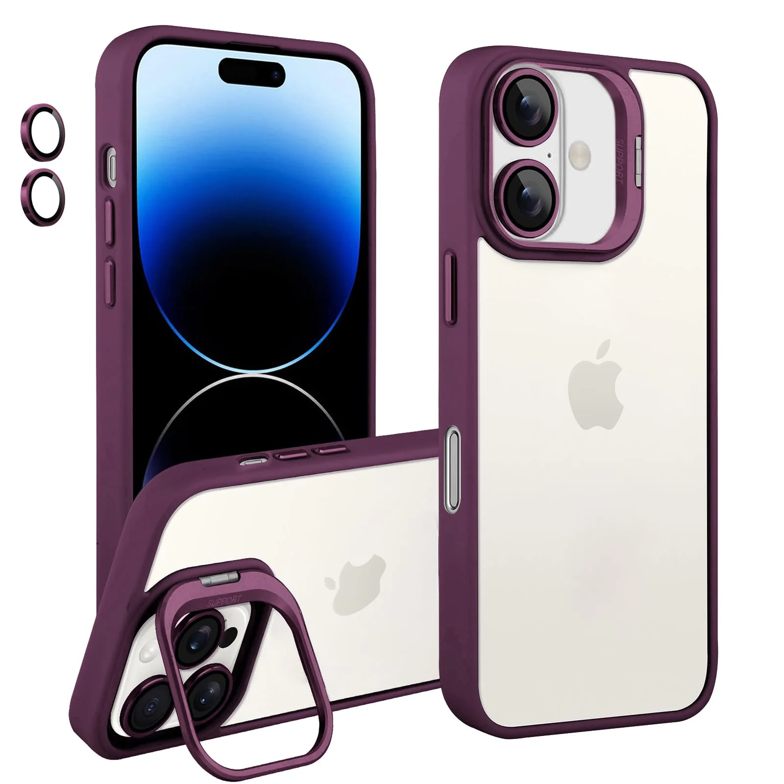 DL3 Mobilak Clear PC and TPU Case with Camera Ring Kickstand and Lens Protector for iPhone 16 - Wine Red