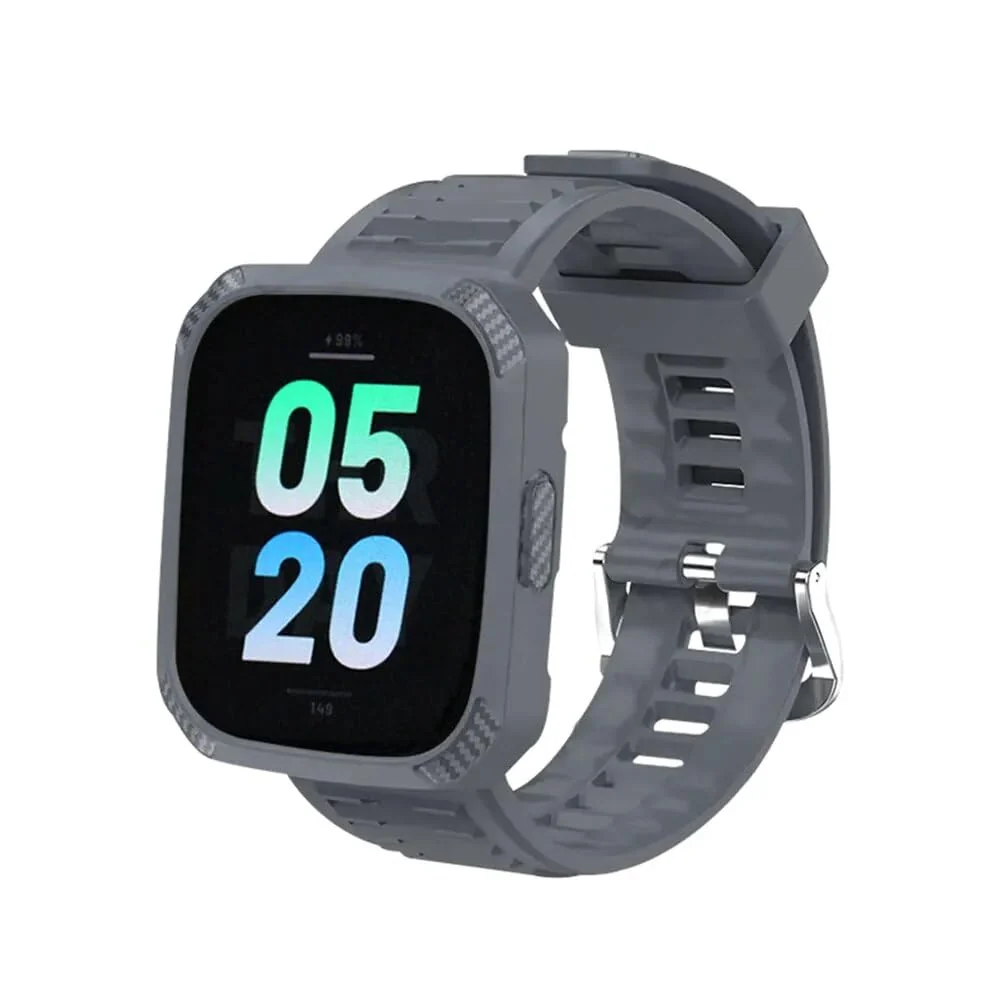 DL3 Mobilak Silicone Strap Carbon Fibre With Case Cover for Xiaomi Redmi Watch 3 Integrated strap Wristband Bracelet Metal Buckle correa Smartwatch Accessories For Redmi Watch3 - Gray
