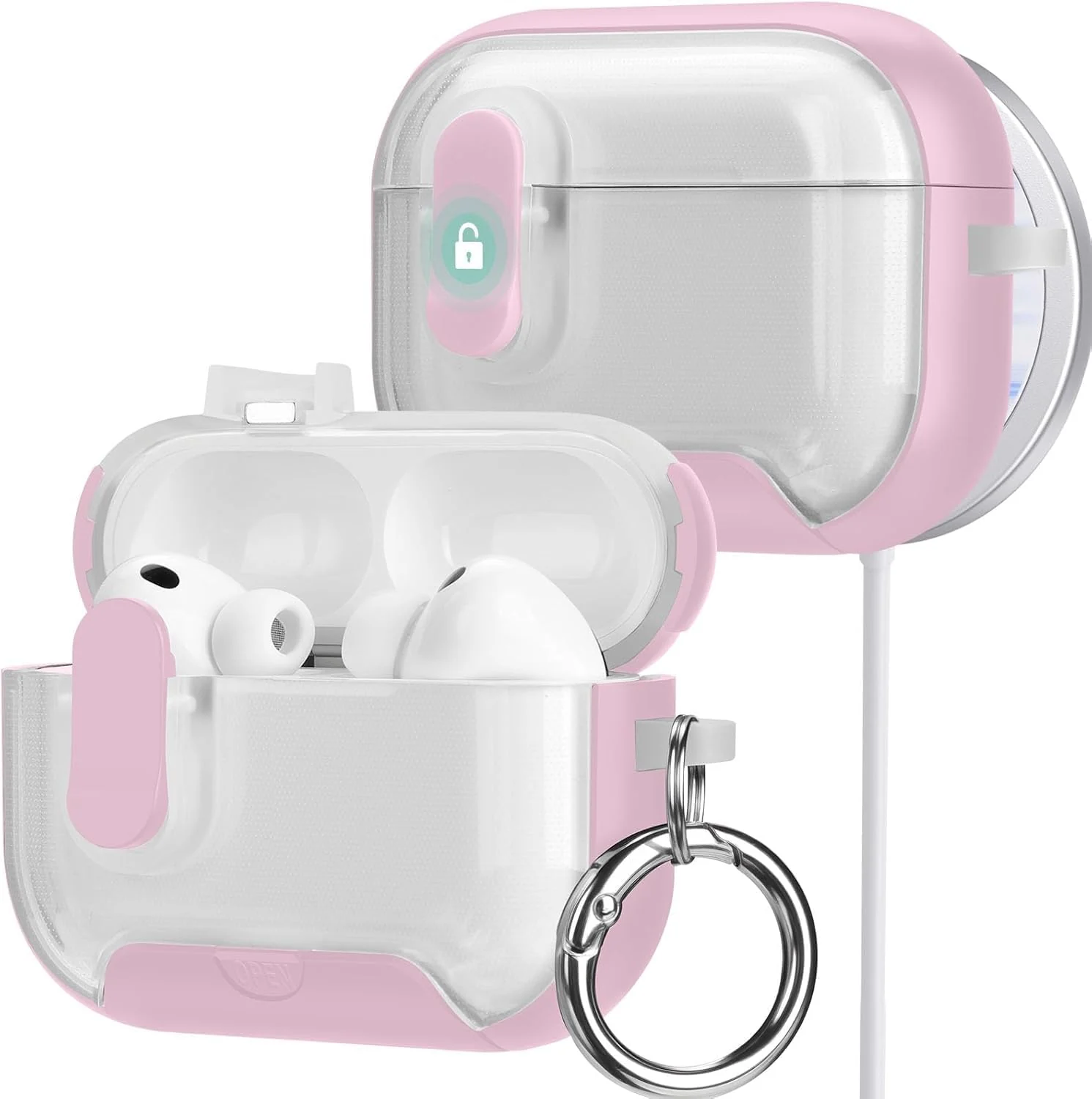 MOBIGON Locking Protective Case with Carabiner for AirPods Pro 1 / 2, Clear / Pink