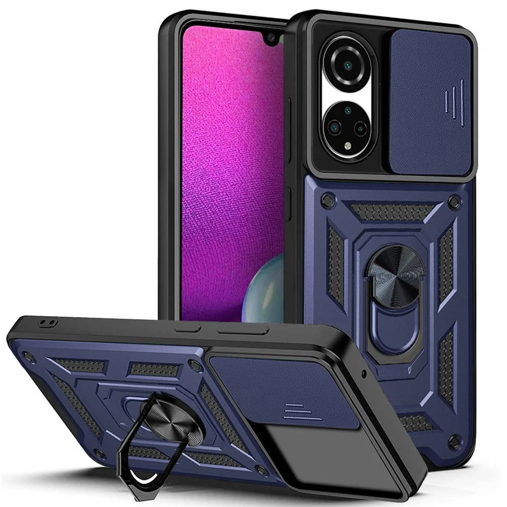 DL3 Mobilak Military-Grade Protective Case with Sliding Camera Cover, Metal Ring Kickstand and Magnetic Car-Mount Support for Honor X7 - Blue