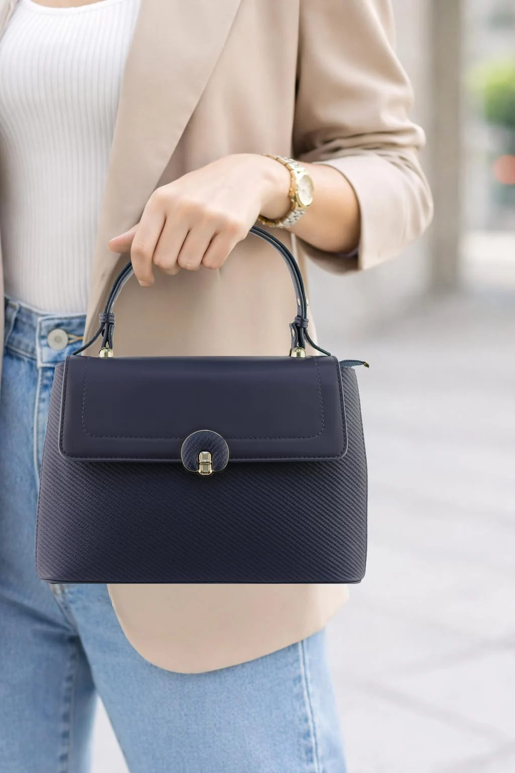 Mobigon Elegant Women’s Handbag with Shoulder Strap, Textured Leather Baguette Purse with Gold Clasp, Magnetic Snap & Zipper Compartments, Structured Top Handle Bag for Work & Daily Use - Blue