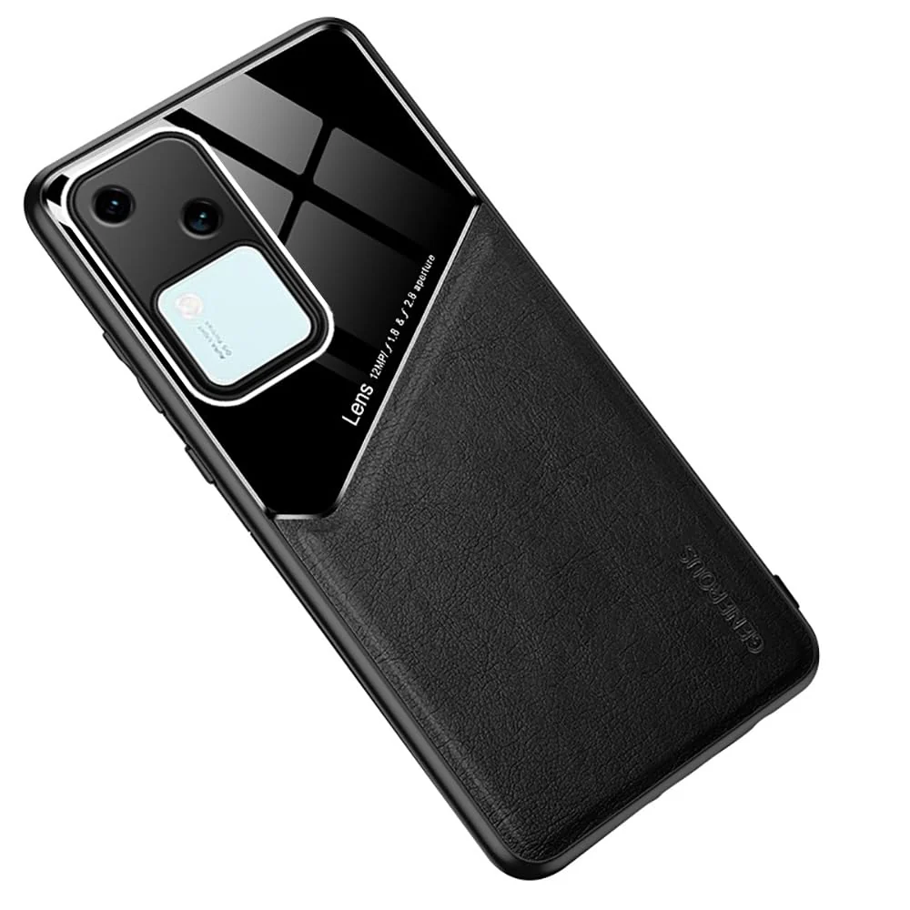 DL3 Mobilak Faux Leather and Plexiglass Protective Case with TPU Frame and Magnetic Car-Mount Support for vivo V30 5G / vivo S18 5G - Black
