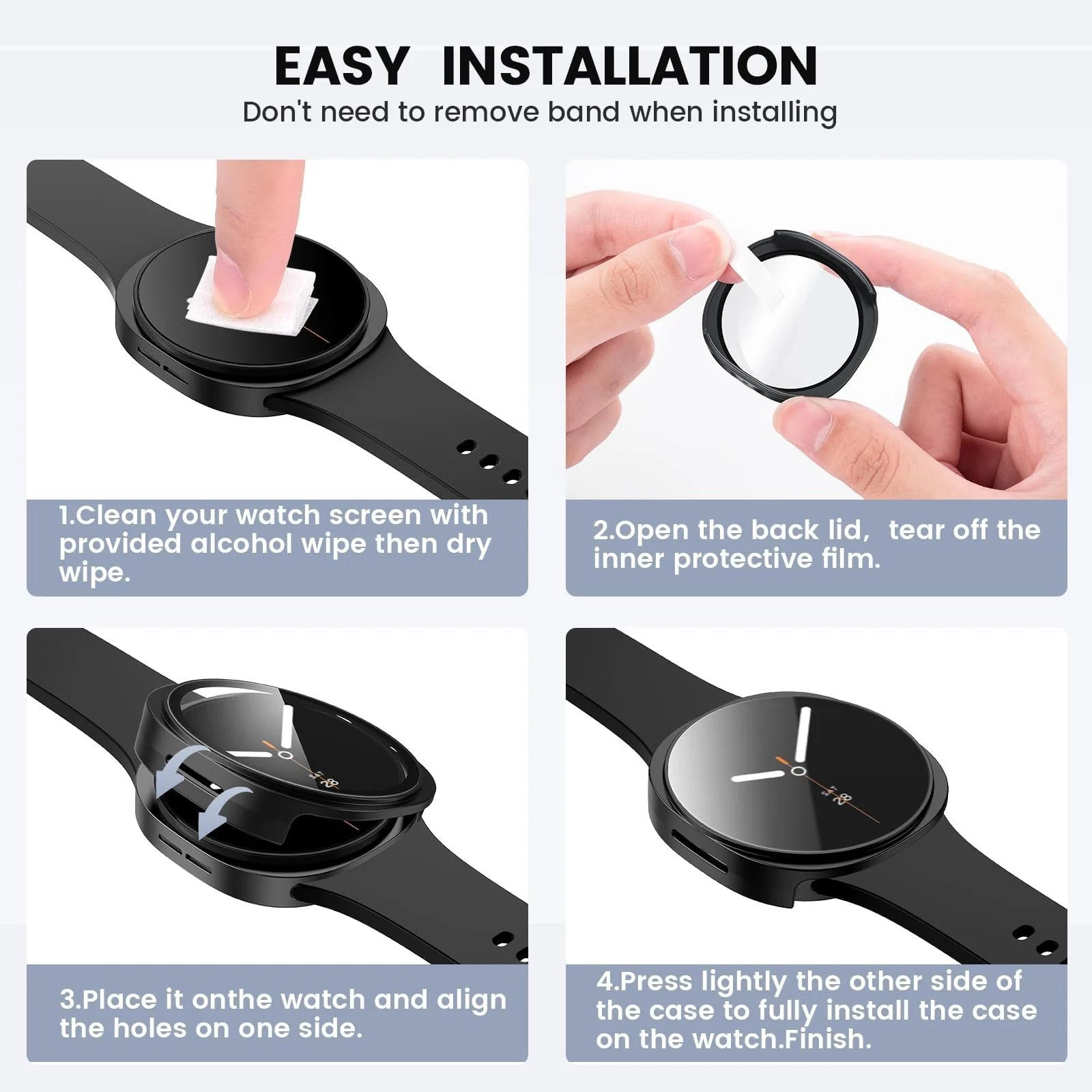 DL3 Mobilak Case Compatible with Samsung Galaxy Watch 8 44mm, Full Coverage Slim Hard Case Protective Bumper Built-in Tempered Glass Screen Protector Shell for Galaxy Watch8 44 mm - Black