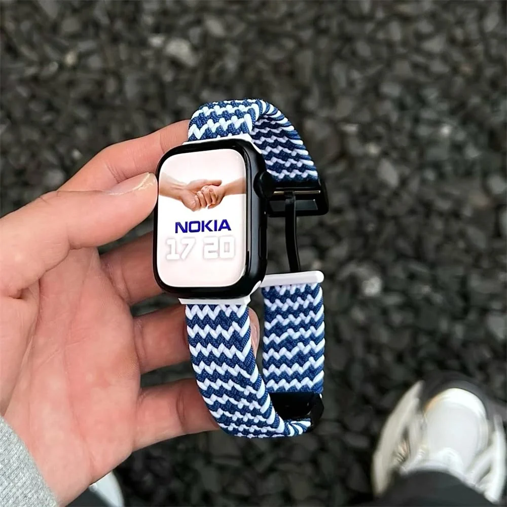 DL3 Mobilak Sport Solo Loop Compatible with Apple Watch Band 42mm 44mm 45mm 46mm 49mm for Women Men, Magnetic Strap Stretchy Braided Wristband for iWatch Series 11 10 9 8 7 6 5 4 3 Ultra 3 2 1 SE SE2 - Blue White