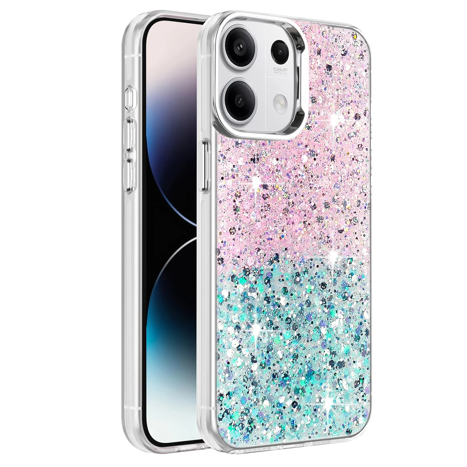 DL3 Mobilak Glitter Protective Case for Xiaomi Redmi Note 13 4G (NOT 5G), Supports wireless charging, Camera protection, Shock-absorbing protection - Pink Green