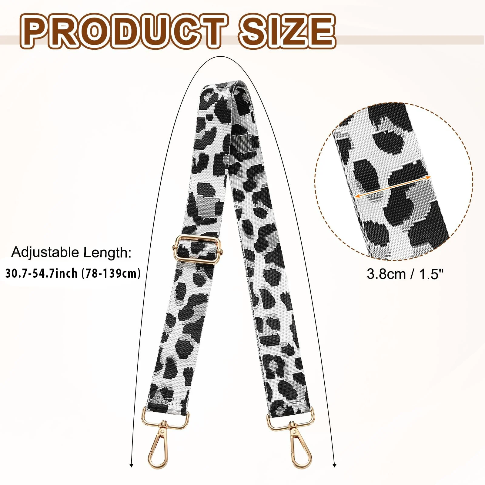 DL3 Mobilak Adjustable Wide Crossbody Bag Strap for Women, Replacement Shoulder Strap for Handbags, Totes & Purses with Elegant Embroidered Pattern and Metal Hooks - Leopard Silver