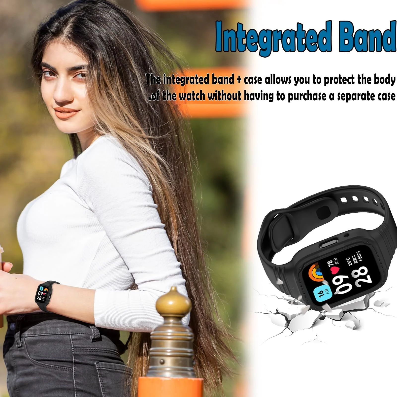 DL3 Mobilak Strap With Cover Compatible with Xiaomi Redmi Watch 3 Lite/Redmi Watch 3 Active, Silicone Sport Band Replacement Watchband with Bumper Case, Adjustable Wristband - Black