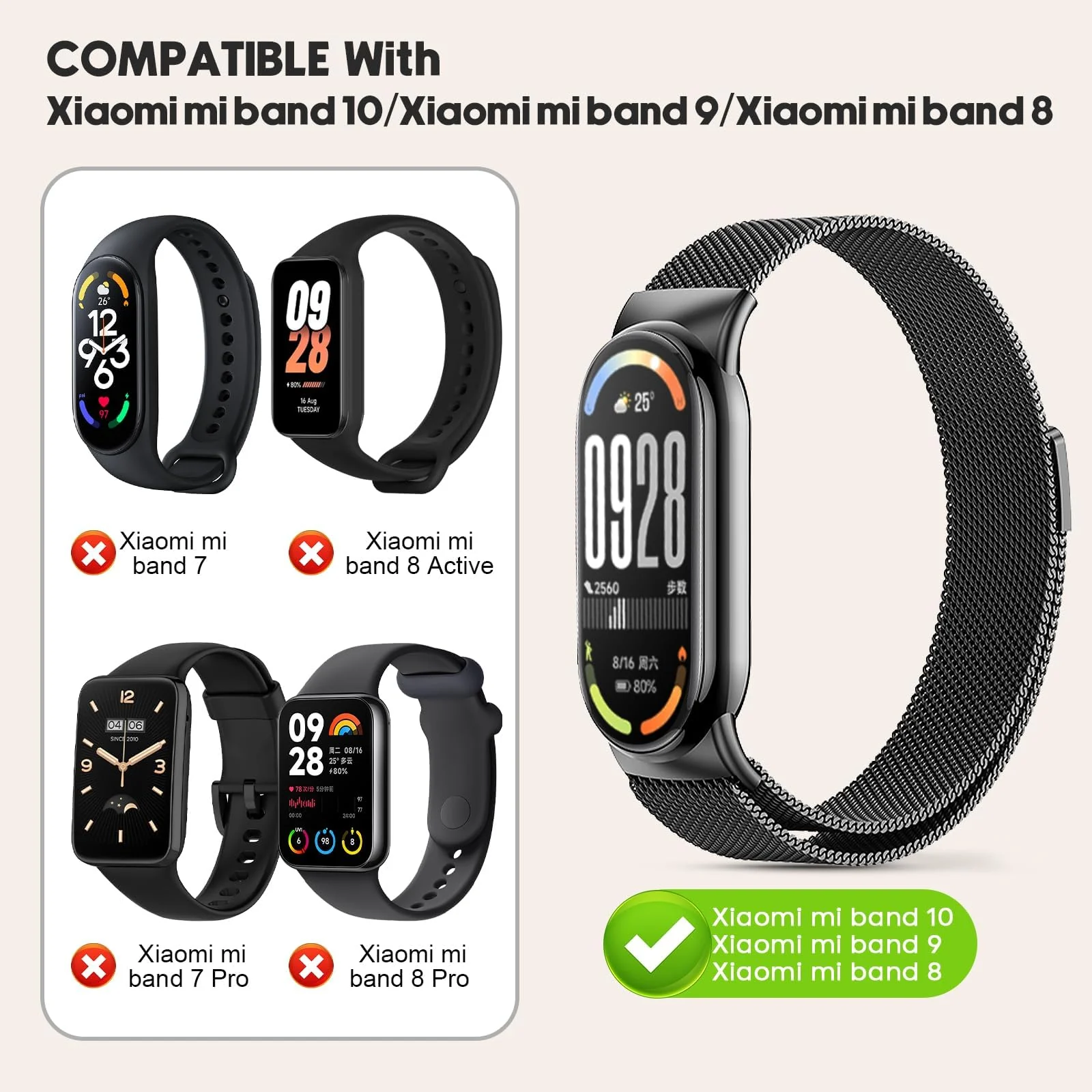 DL3 Mobilak Bracelet Compatible with Xiaomi Mi Band 10/9/8, Stainless Steel Replacement Straps, Mesh Metal Watch Strap, Magnetic Adjustable Replacement Strap For Xiaomi Smart Band 8/9/10 - Black