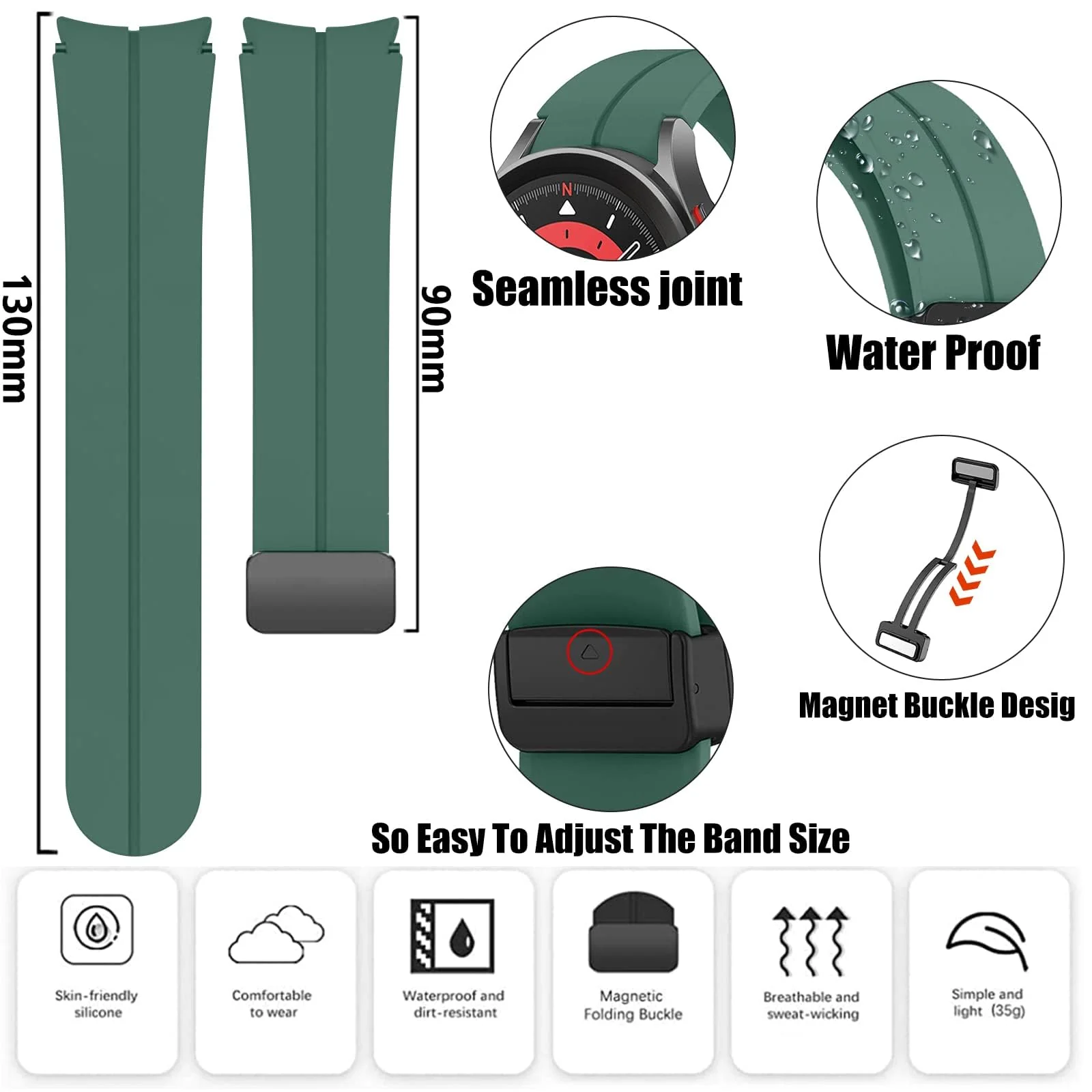 DL3 MOBILAK Magnetic for Samsung Galaxy Watch 6/5/4 Band 40mm 44mm/Galaxy Watch 6 Classic Bands 47mm 43mm/watch 4 Classic 46mm 42mm,Silicone Strap for Samsung Watch 5 Pro 45mm,No Gap Buckle - Pine Green