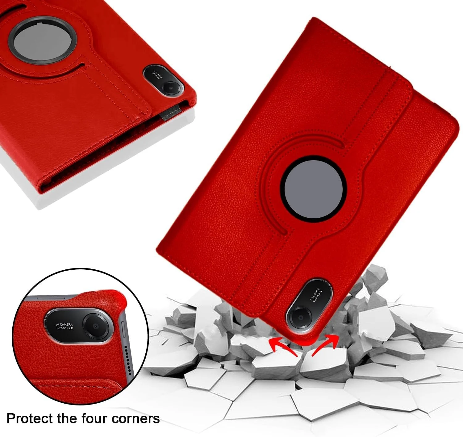 DL3 Mobilak Protective Cover for Xiaomi Redmi Pad 2 2025 11 inch, 360° Rotatable Smart Stand, Leather Folio Flip Cover with Multi-Angle Viewing, Auto Wake Sleep - Red