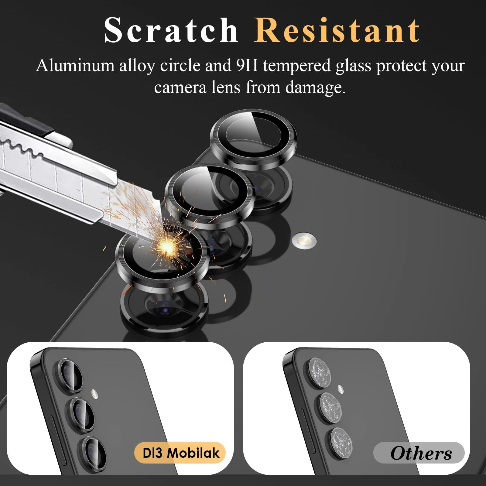 DL3 Mobilak Camera Lens Protector for Samsung Galaxy S24 / S23 / S23 Plus, Ultra HD Anti-Scratch Tempered Glass 9H with Aluminium Alloy Ring, Full Cover Protector Camera [Not for S24+] - Black