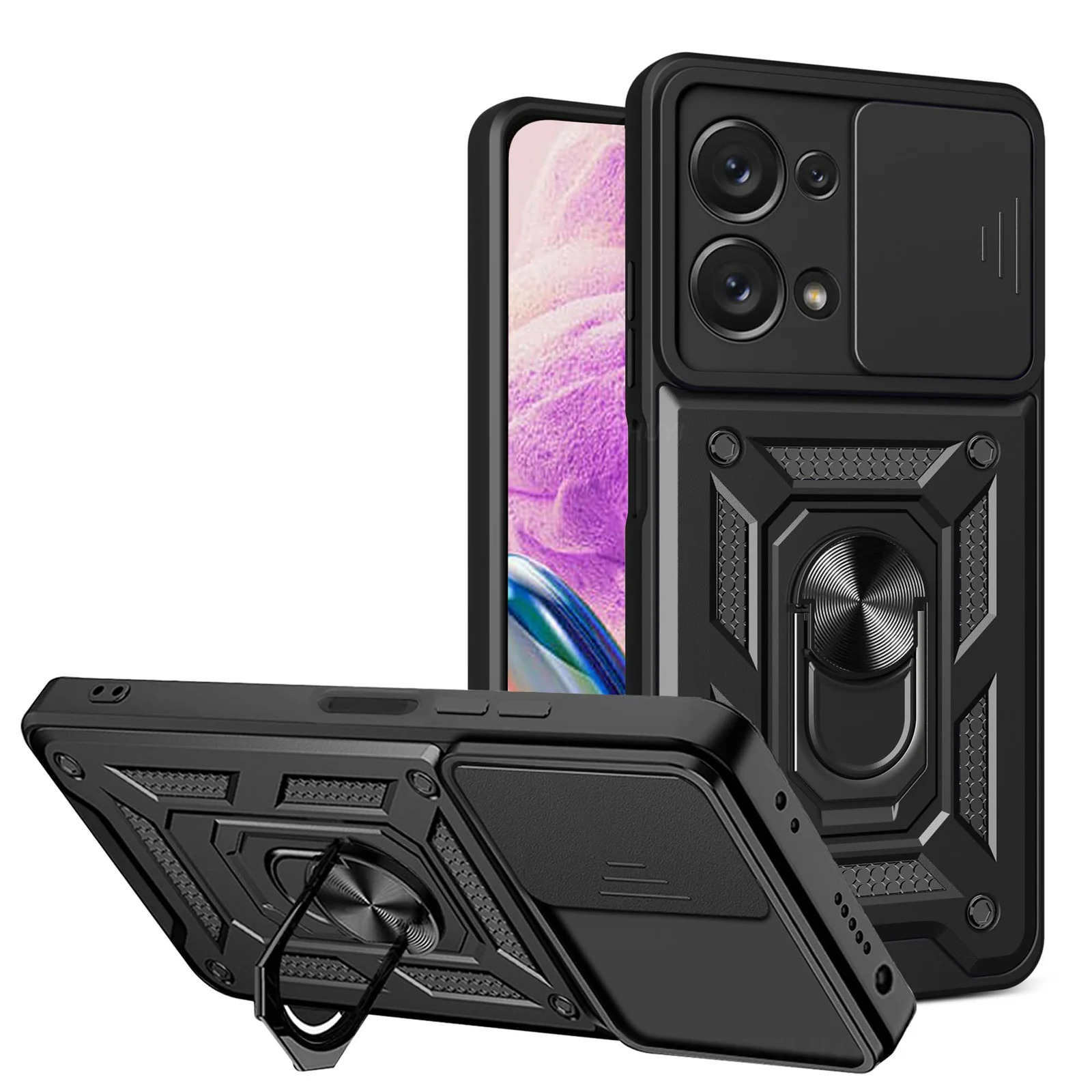 DL3 Mobilak Military-Grade Protective Case with Sliding Camera Cover, Metal Ring Kickstand and Magnetic Car-Mount Support for OPPO Reno 8 5G / Reno8 5G - Black