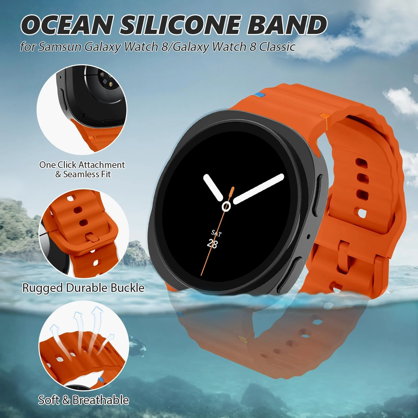 DL3 Mobilak Sport Strap for Samsung Galaxy Watch 8 Straps 40mm 44mm/8 Classic Bands 46mm Men Women, One Click No Gap Waterproof Soft Silicone Sport Band for Samsung Watch 8/8 Classic Strap - Orange