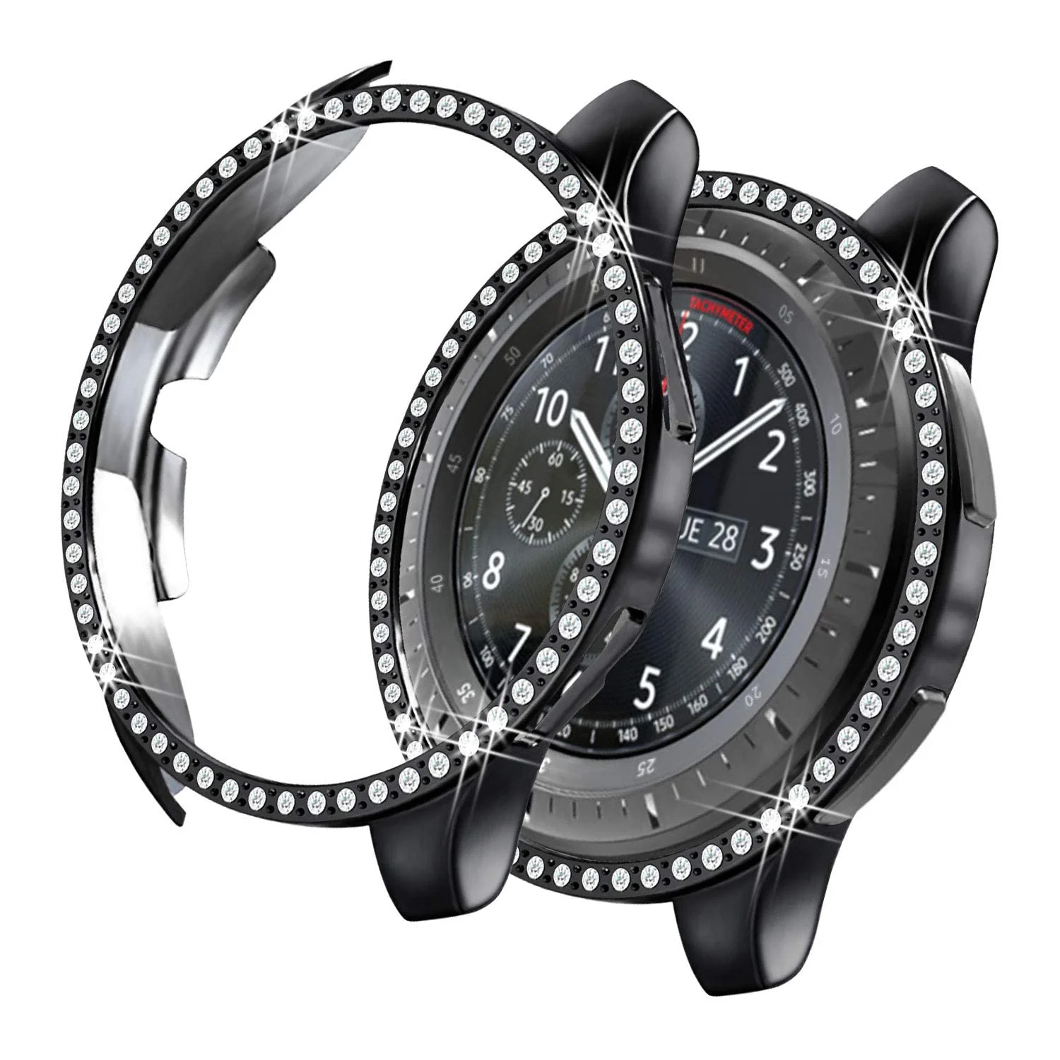 DL3 Mobilak Bumper Diamond Case Compatible with Samsung Galaxy Watch 46mm, Gear S3 Frontier Case (NOT fit for -R770), Bling Crystal Diamonds PC Plastic Protector Case Cover Frame - Black