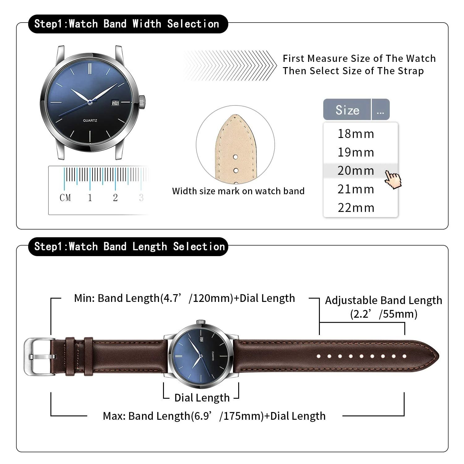 DL3 Mobilak Leather Band 20MM Strap For Samsung Gear Sport/Watch 4/Watch 5/5 Pro /S2 classic/active 2 40mm 44mm/Amazfit GTS 3/ GTS 4/4 Mini/Bip 3/Pro/GTS 2 mini/GTS 2e/Bip U/UPro - Dark Brown