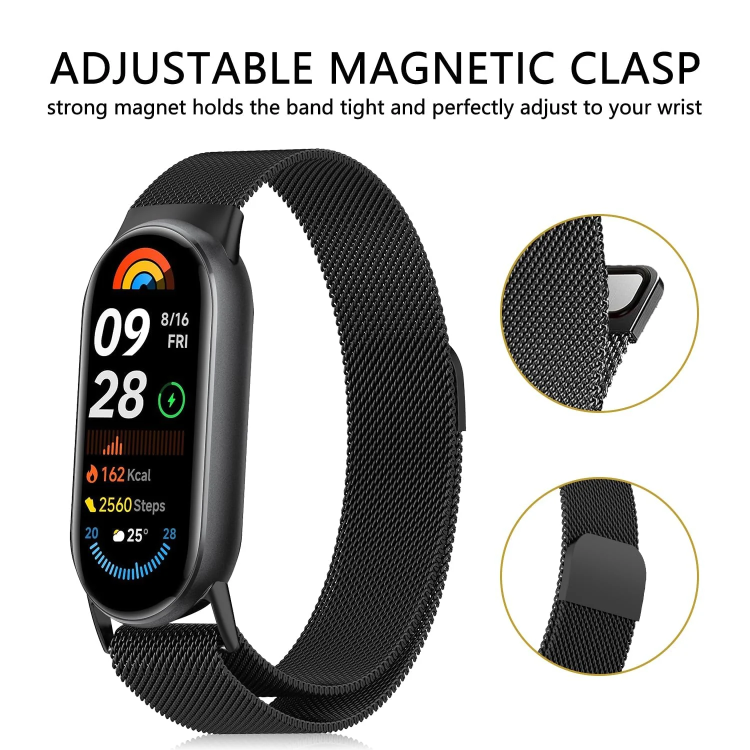 DL3 Mobilak Bracelet Compatible with Xiaomi Mi Band 10/9/8, Stainless Steel Replacement Straps, Mesh Metal Watch Strap, Magnetic Adjustable Replacement Strap For Xiaomi Smart Band 8/9/10 - Black