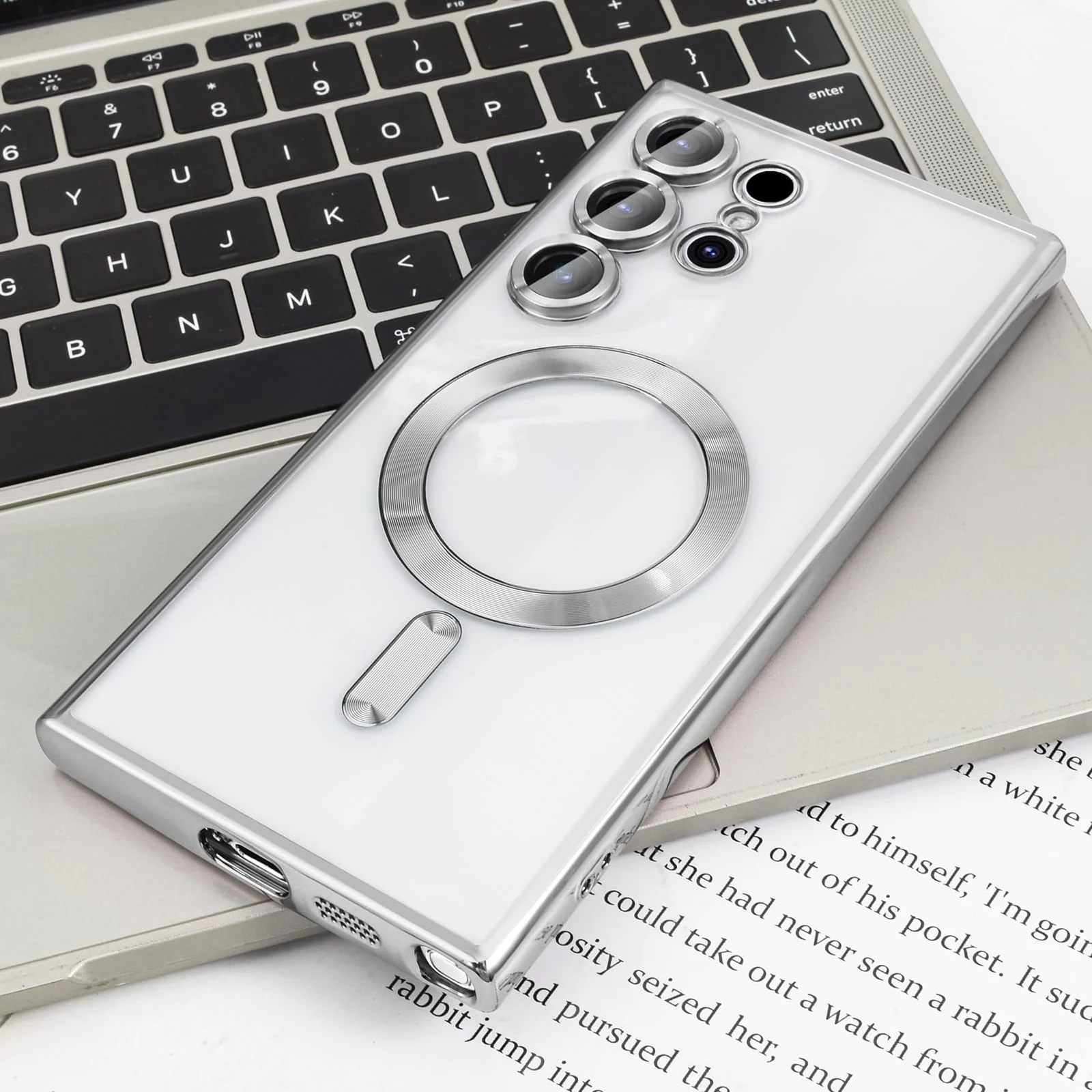 DL3 MOBILAK For Samsung Galaxy S24 Ultra Magnetic Case, Compatible with MagSafe, Built-in Camera Lens Protector, Luxury Plating Soft TPU Clear Shockproof Slim Cover 6.8 inch - Silver