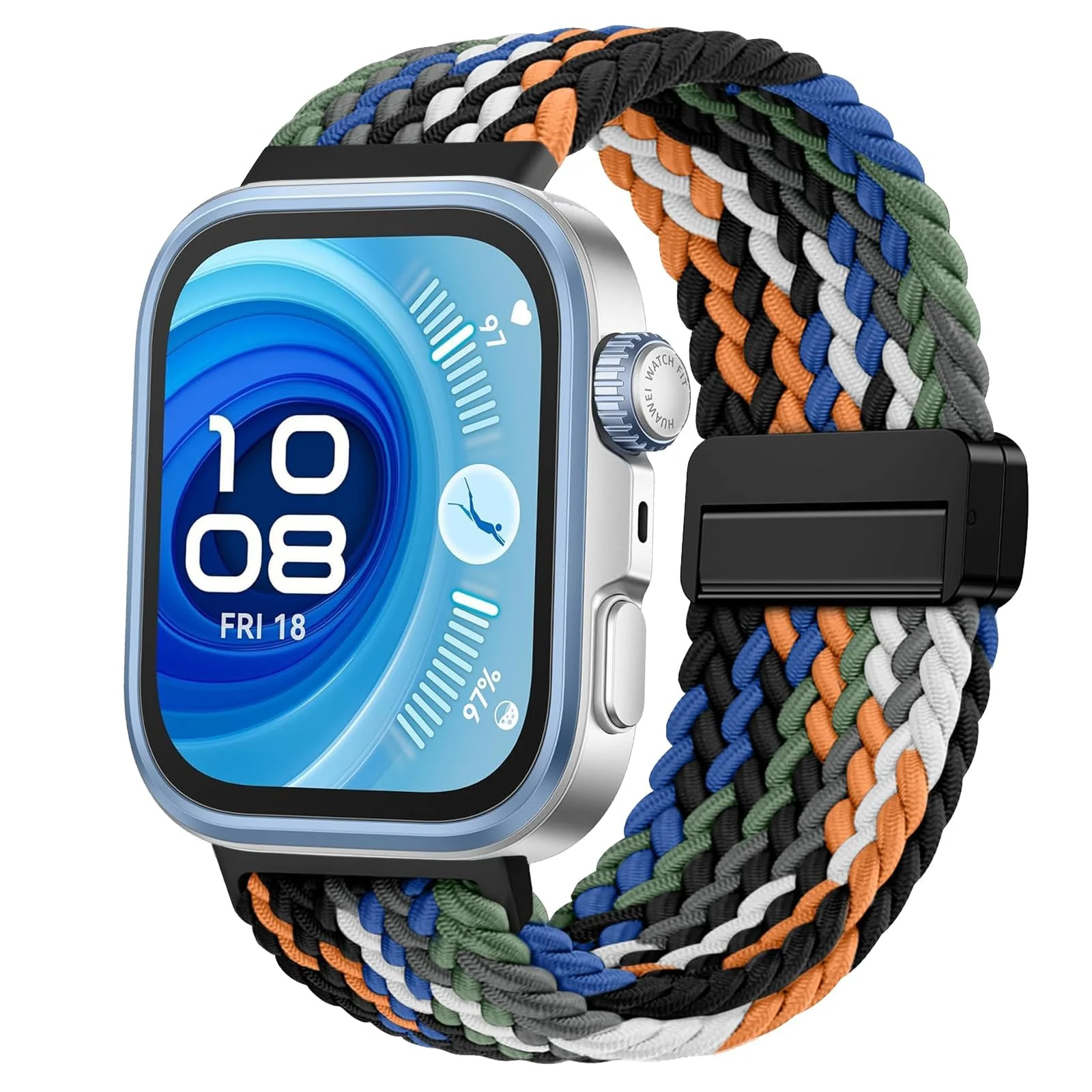 DL3 Mobilak Braided Strap for Huawei Watch Fit 4 / Fit 4 Pro/Fit 3 Bracelet, Quick Release Adjustable Nylon Sport Elastic Loop Band, Anti-Slip Magnetic Buckle Stretchy Nylon Strap - Denim Colorful
