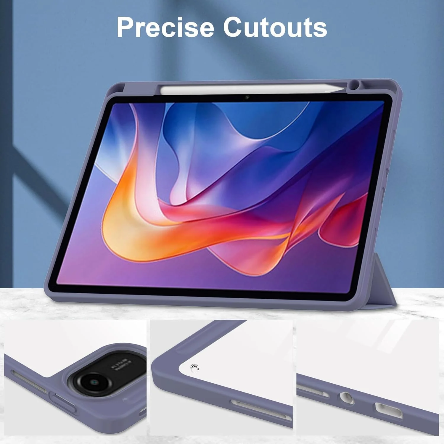 DL3 Mobilak Case for Xiaomi Redmi Pad 2 2025 11 inch with Built-in Pencil Holder, Clear Transparent PC Back, Shockproof Tri-Fold Stand Tablet Cover, Auto Wake/Sleep - Lavender