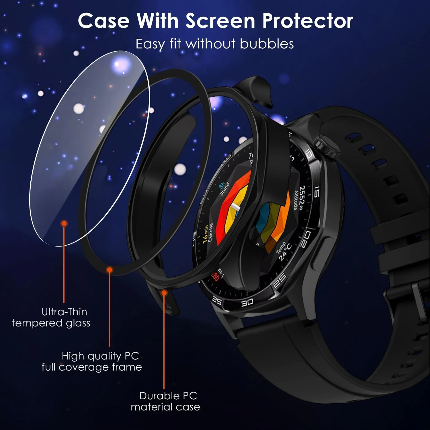 DL3 Mobilak Case with Screen Protector for Huawei Watch GT4 46 mm, Bumper Full Coverage Hard PC Overall Protective Cover, Built-in Tempered Glass Film High Sensitivity For Huawei GT 4 46mm - Black