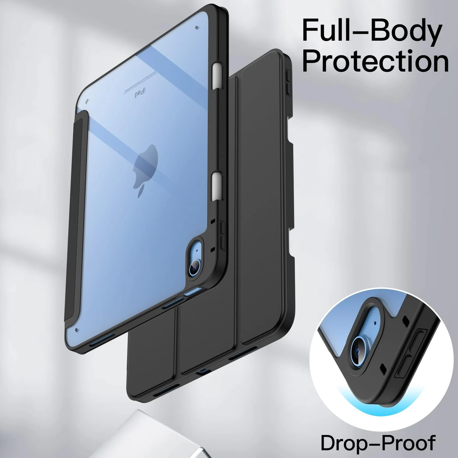 DL3 Mobilak Case Compatible with iPad (A16) 11th Generation 11 Inch (2025), iPad 10th Generation 10.9 Inch (2022), Clear Shockproof Back Cover Built-in Pencil Holder, Auto Sleep/Wake - Black