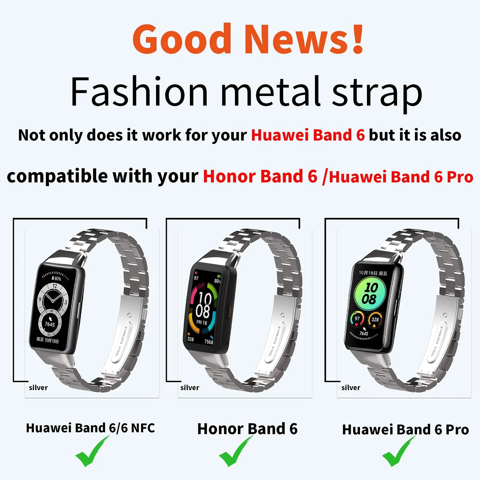 MOBIGON Stainless Steel Bracelet Strap with Double-Folding Clasp for Huawei Band 6 / HONOR Band 6 / HONOR Band 7, Silver