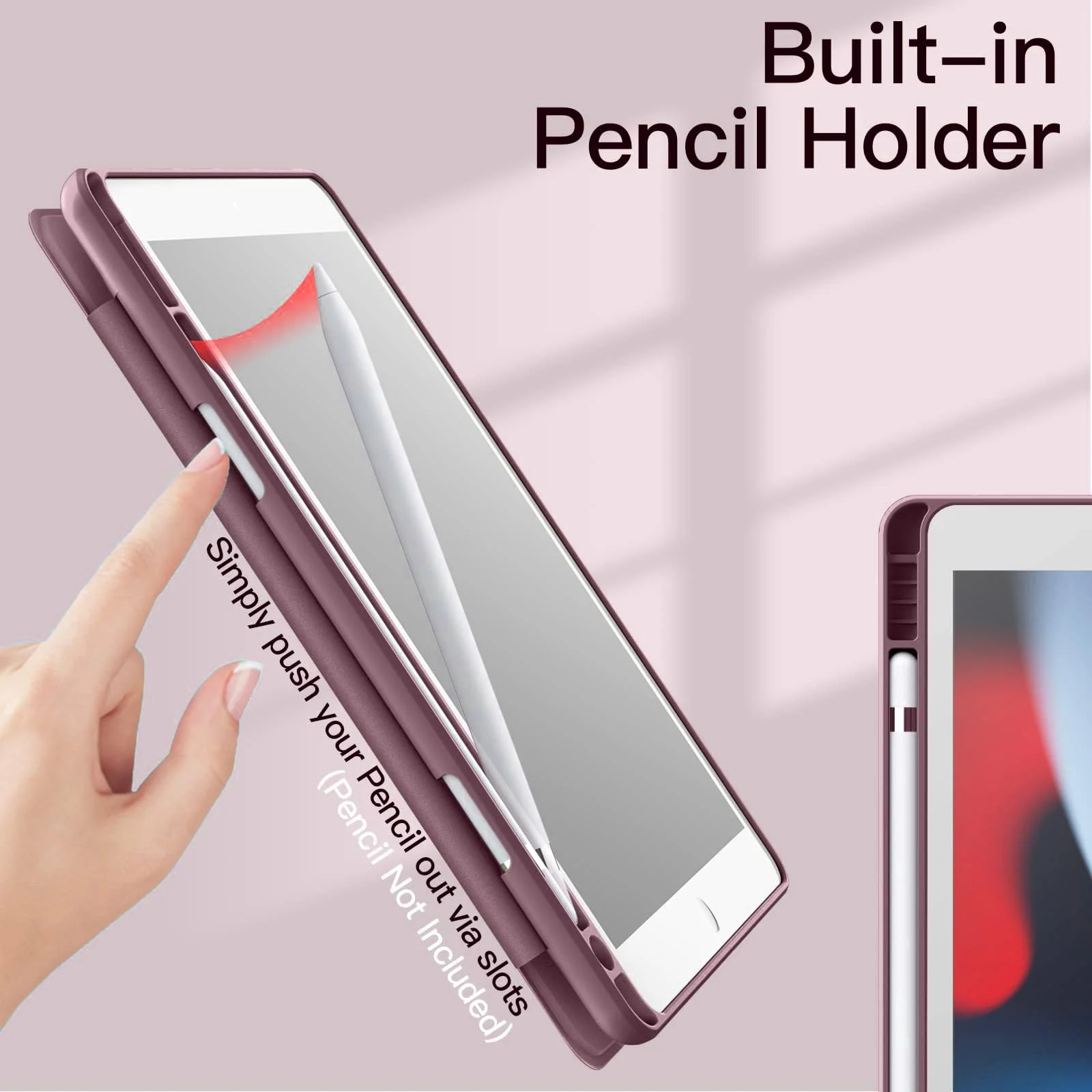 DL3 Mobilak Case for iPad 10.2-Inch (9th/8th/7th Generation, 2021/2020/2019), Clear Shockproof Back Cover Built-in Pencil Holder, Auto Sleep/Wake - Plum