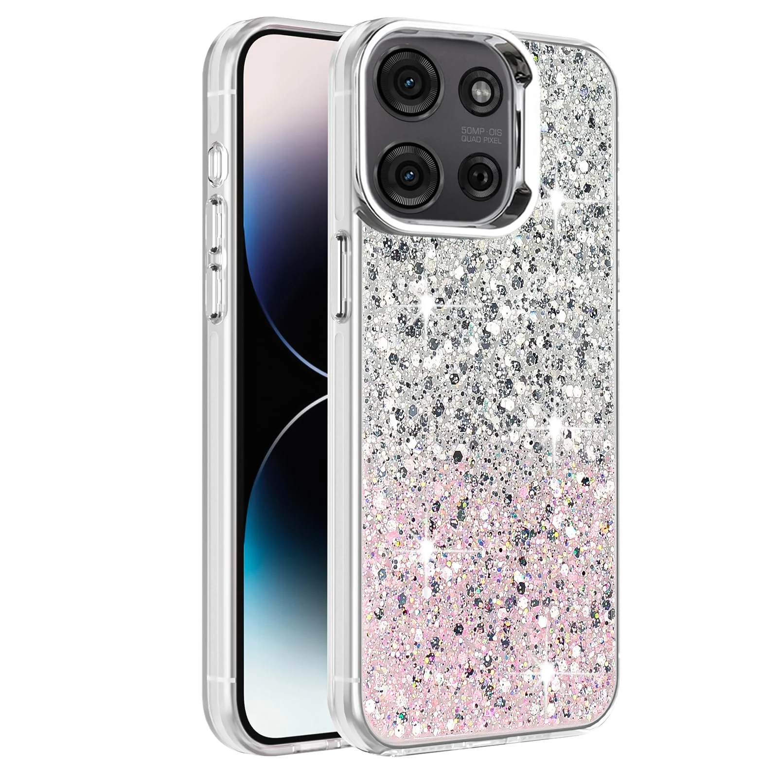 DL3 Mobilak Glitter Protective Case for Motorola Moto G75 5G, Supports wireless charging, Camera protection, Shock-absorbing protection - White Pink